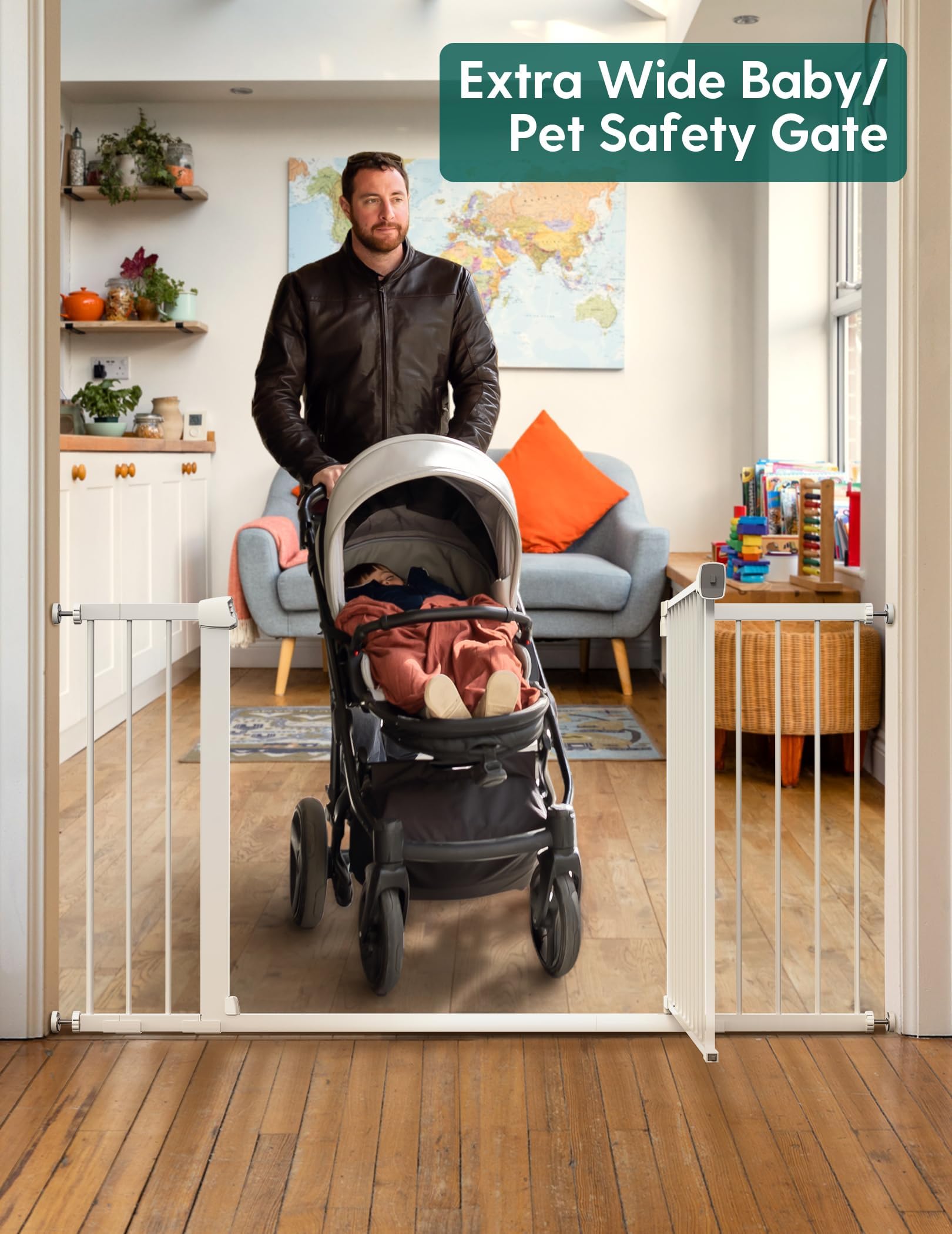 BABELIO 36-57 Extra Wide Baby/Chlid Gate, Auto Close Dog/Pet Barrier with Large Walk Thru Door,Safety for The House, Stairs and