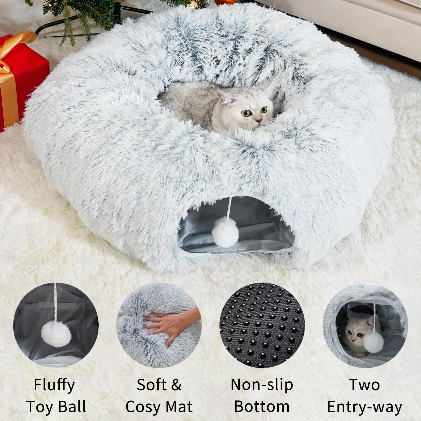 Oozazemm Cat Tunnel Bed With Washable Cushion, Cat Tunnels For Indoor Cats, Collapsible Cat Donut Tunnel For Medium & Large Cat,