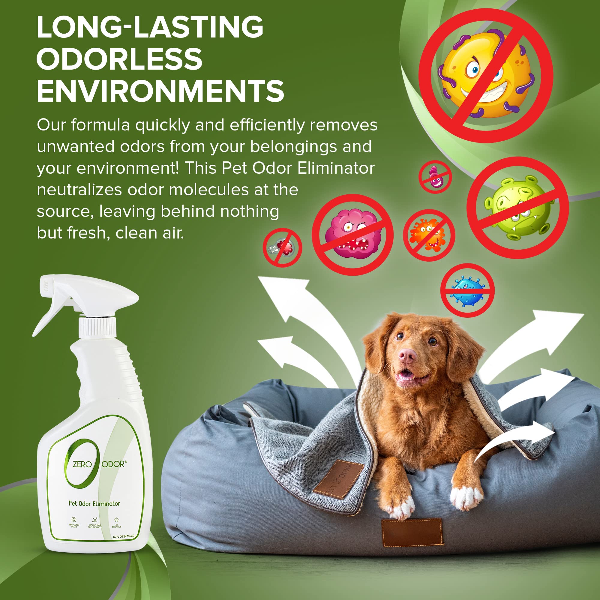Zero Odor Pet Odor Eliminator - 16 Fl Oz, Eliminates Strong Air & Surface Odors with Patented Technology for Carpet & Furniture