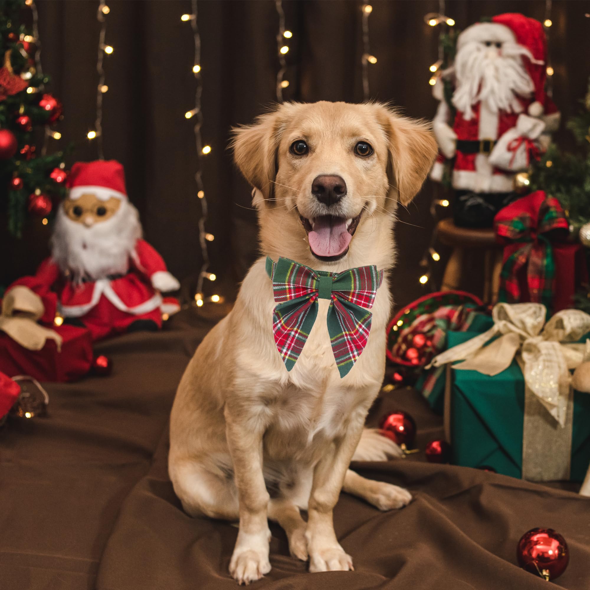 Adoggygo Christmas Dog Collar With Bow, Plaid Xmas Dog Bowtie Collar, Adjustable Green Dog Christmas Collars For Small Medium Large Dogs Pets (Large, Green)