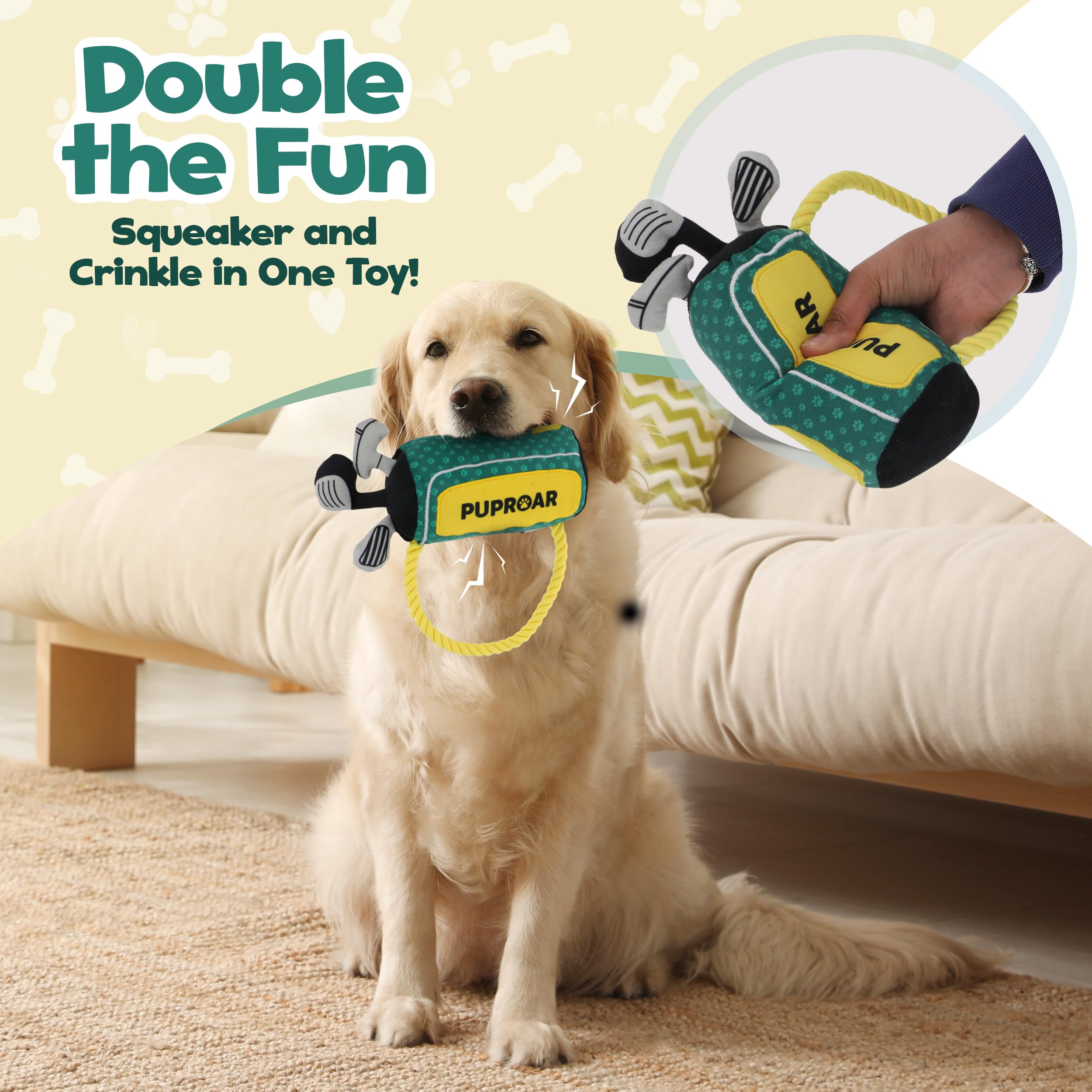 PUPROAR Golf Dog Toy - Medium Green Squeaker Rope & Crinkle - Fun Christmas & Birthday Gift for Dogs