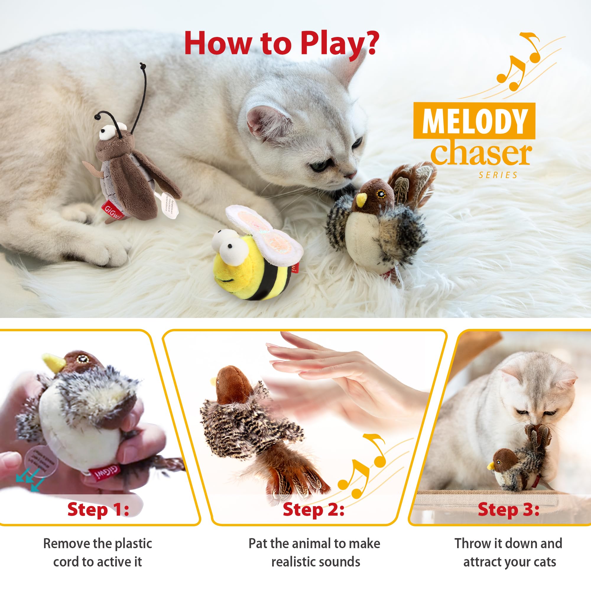 Gigwi Automatic Cat Toys Pack - Interactive Electronic Squeaky Animals, Plush Toys For Indoor Cats To Play Alone, 3 Pcs