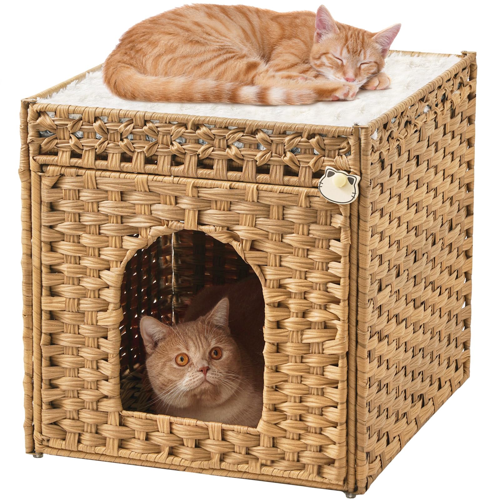 Setvson Cat Beds For Indoor Cats Extra Large Double Cat Cave Pet Cube, Handwoven Rattan Cat Houses With Double-Sided Soft Cushio