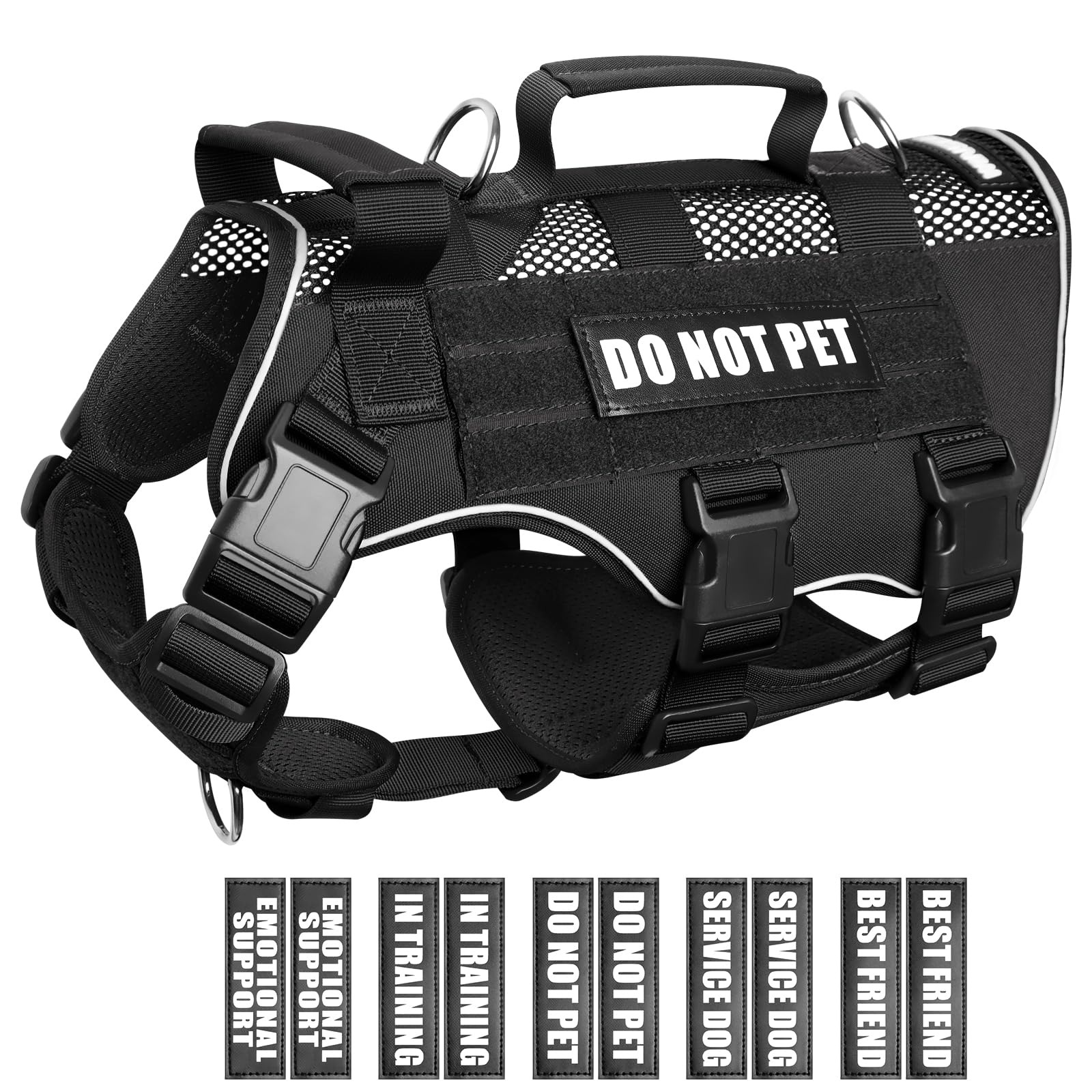 Winsee Mesh Dog Harness With 10 Pet Patches For Medium Service Dog In Training, Breathable Tactical Molle Vest With Double Handl