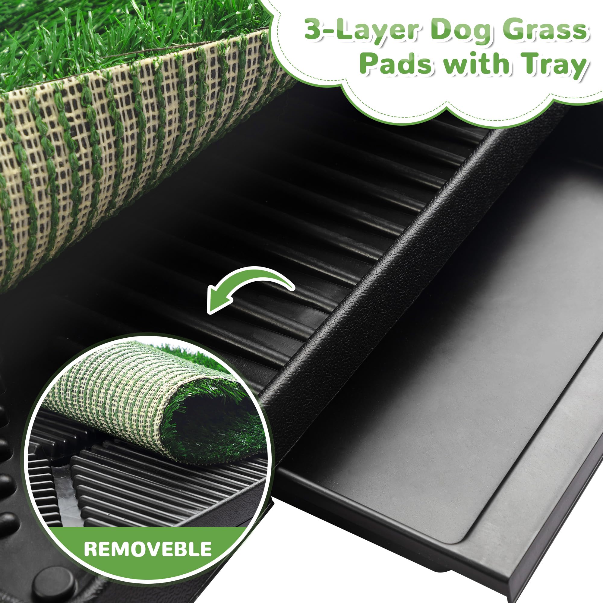 25'' x 20'' Dog Grass Pad with Tray, 3PCS Washable Artificial Grass Pee Pads for Indoor Dog Potty, Portable Reusable Pet Toilet