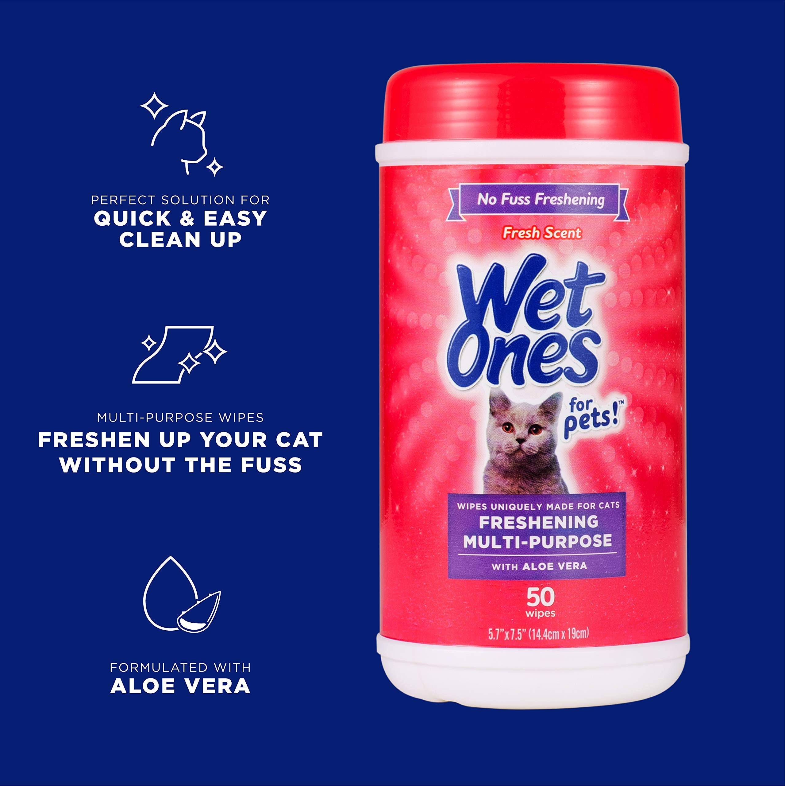Wet Ones For Pets Freshening Multipurpose Wipes For Cats With Aloe Vera, 50 Count - 12 Pack | Easy To Use Cat Cleaning Wipes, Fr