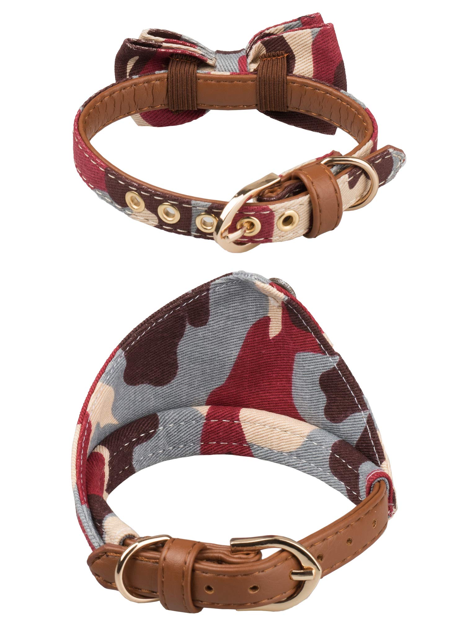 Gyapet Small Dog Collar Puppy Cat Tiny Pet Bow Tie & Bandana 2Pcs Set Pu Leather Canvas Scarf Durable Camo-Red