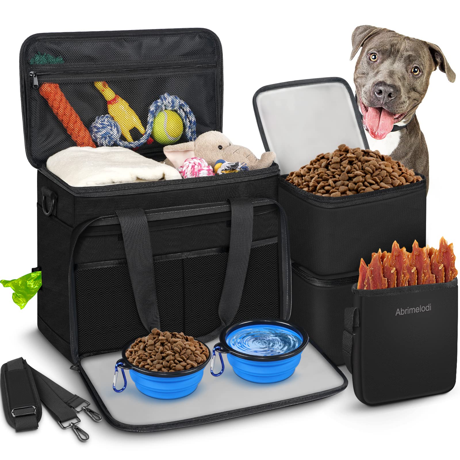 Abrimelodi 6 Set Dog Travel Bag, Large Pet Supplies for Dogs, Includes 2 Collapsible Dog Bowls, 2 Food Containers, 1 Treat Pouch