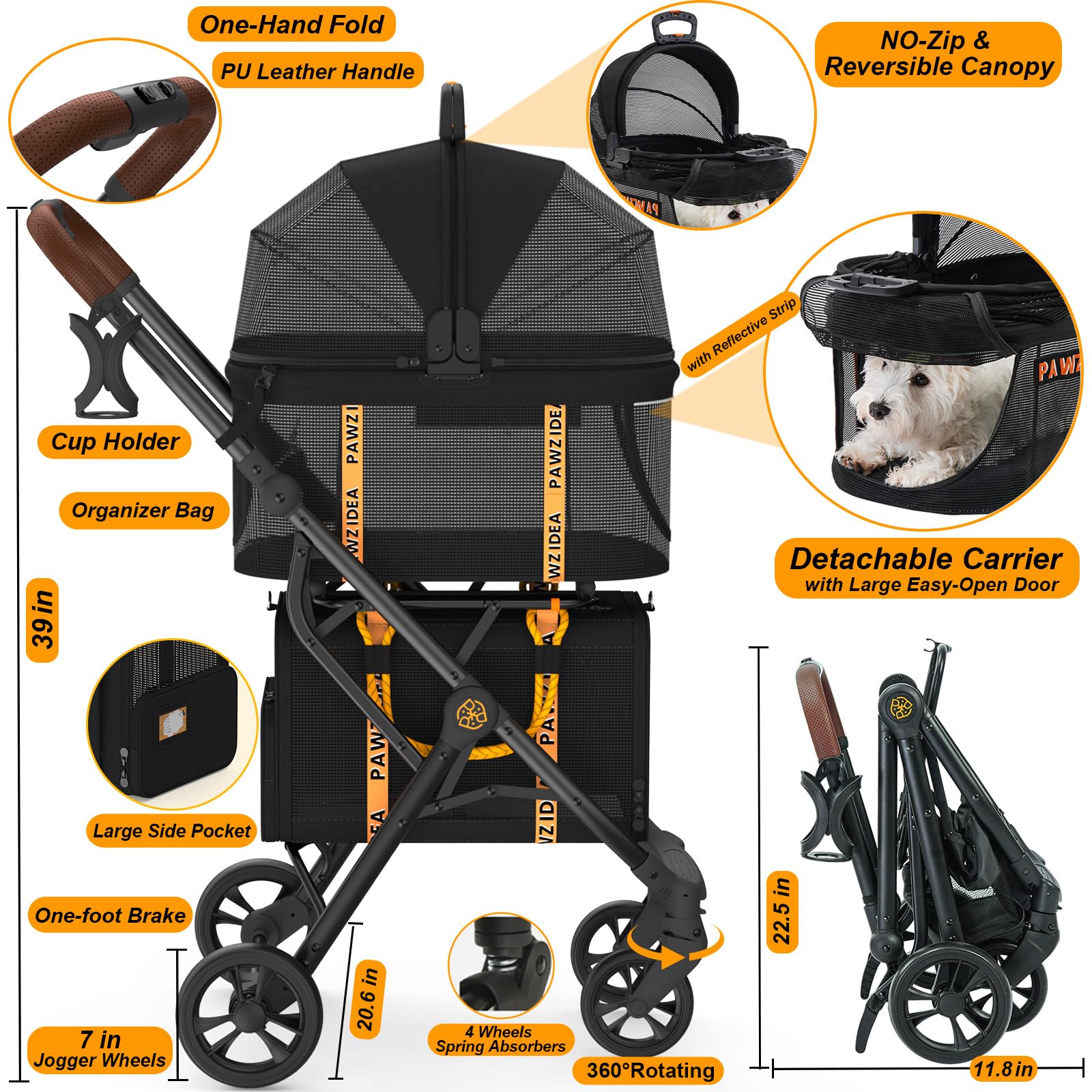 Pawzidea Double Pet Stroller With 2 Detachable Carriers, Tsa Approved Expandable Cat Carrier Bag, Seatbelt Pet Travel Car Seat,