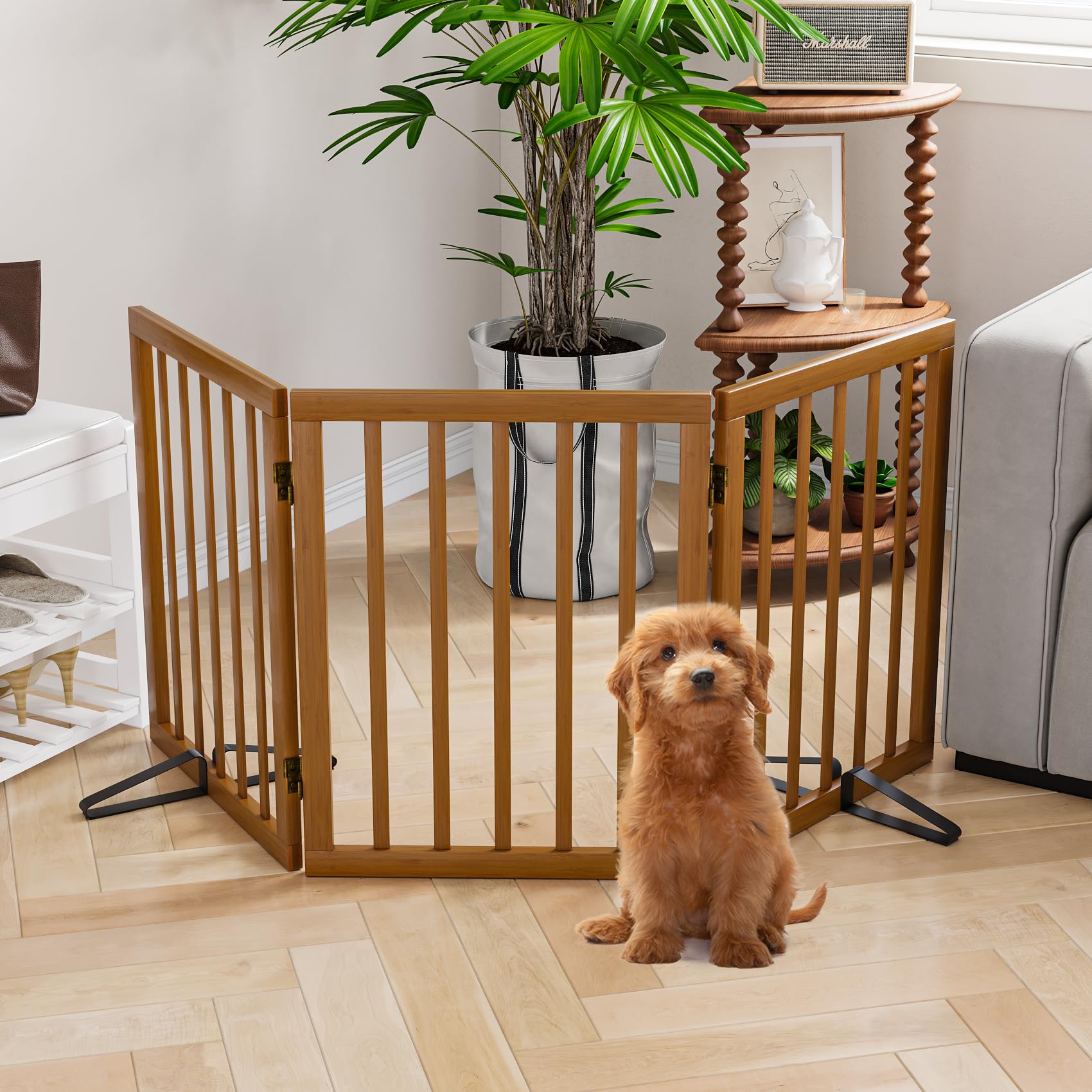 Semiocthome Walnut Bamboo Dog Gates Barriers Indoor,3-Panel Freestanding Puppy Gates for The House with 2 Metal Stands,24  H Fol