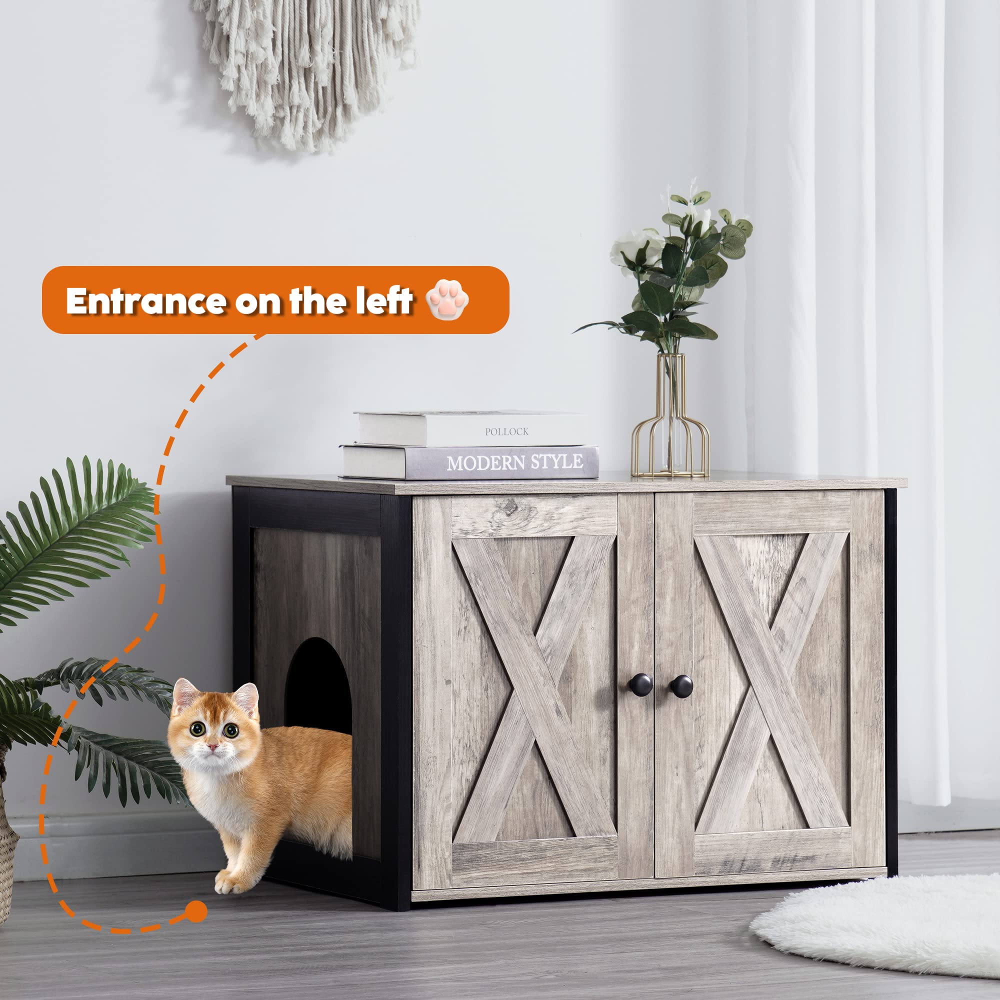 Dwanton Litter Box Enclosure, Cat Litter Box Furniture Hidden, Reversible Entrance Can Be On Left Or Right Side, Wooden Cat Washroom Indoor, Fit Most Of Litter Box, 27.6 X 19.7 X 19.7 Inches