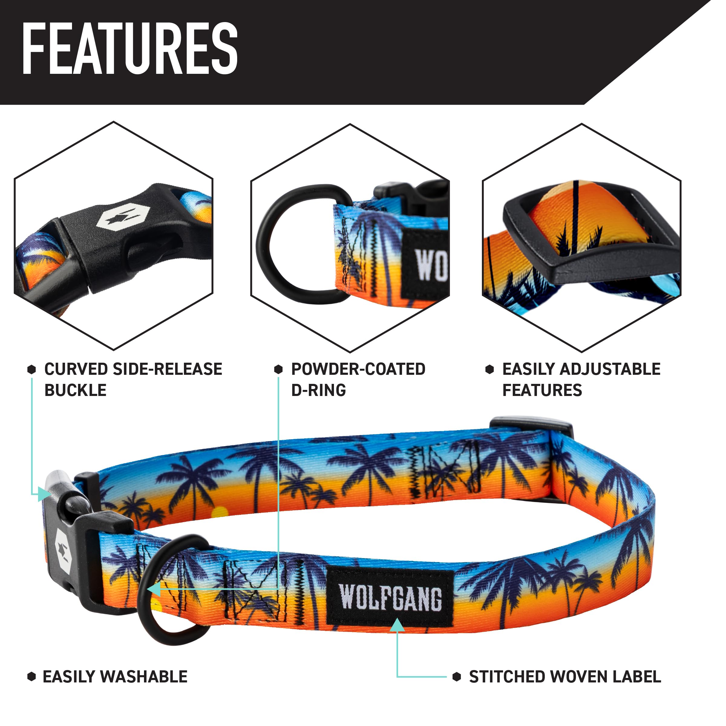 Wolfgang Heavy Duty, Adjustable Dog Collar with Quick Release Nylon Buckle for Walking & Training, SunsetPalms Print, Small