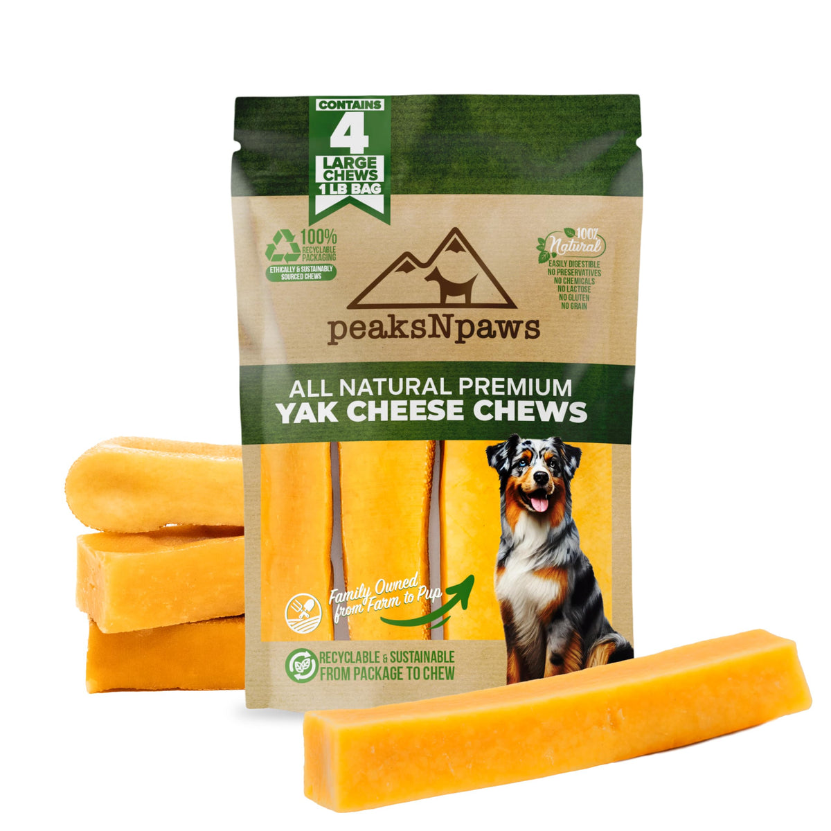 Peaksnpaws Premium Yak Cheese Dog Treats - Natural Yak Chews From Himalayan Mountains - Grain Free, Lactose Free - Easily Digestible, 100% Eco-Friendly Packaging (1 Lb. Bag)