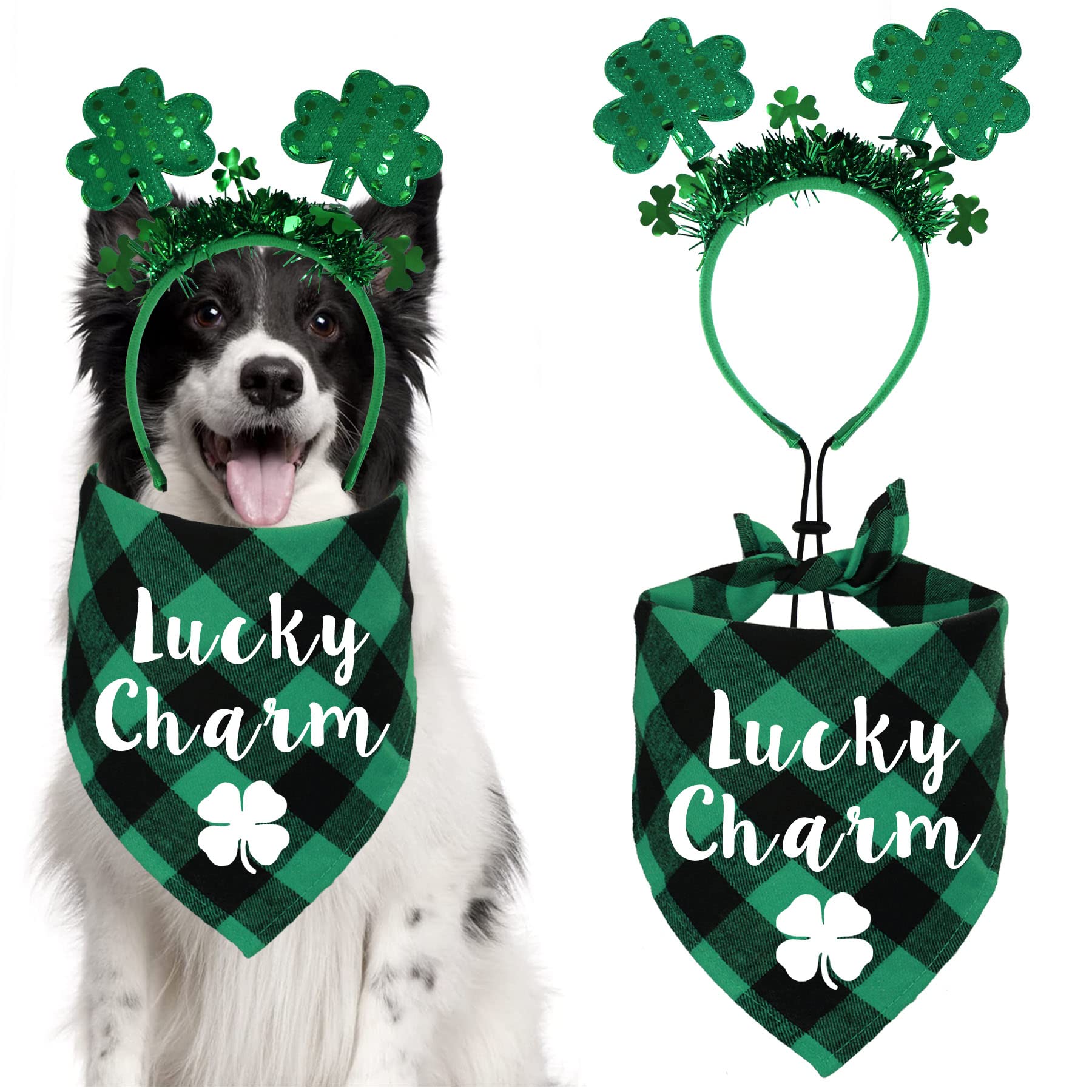 Stmk St. Patrick'S Day Dog Bandana Set, Green Plaid & Shamrock Headband, Unisex, Cotton, 30 Bandana, 8.2 X 10 Headband, Al