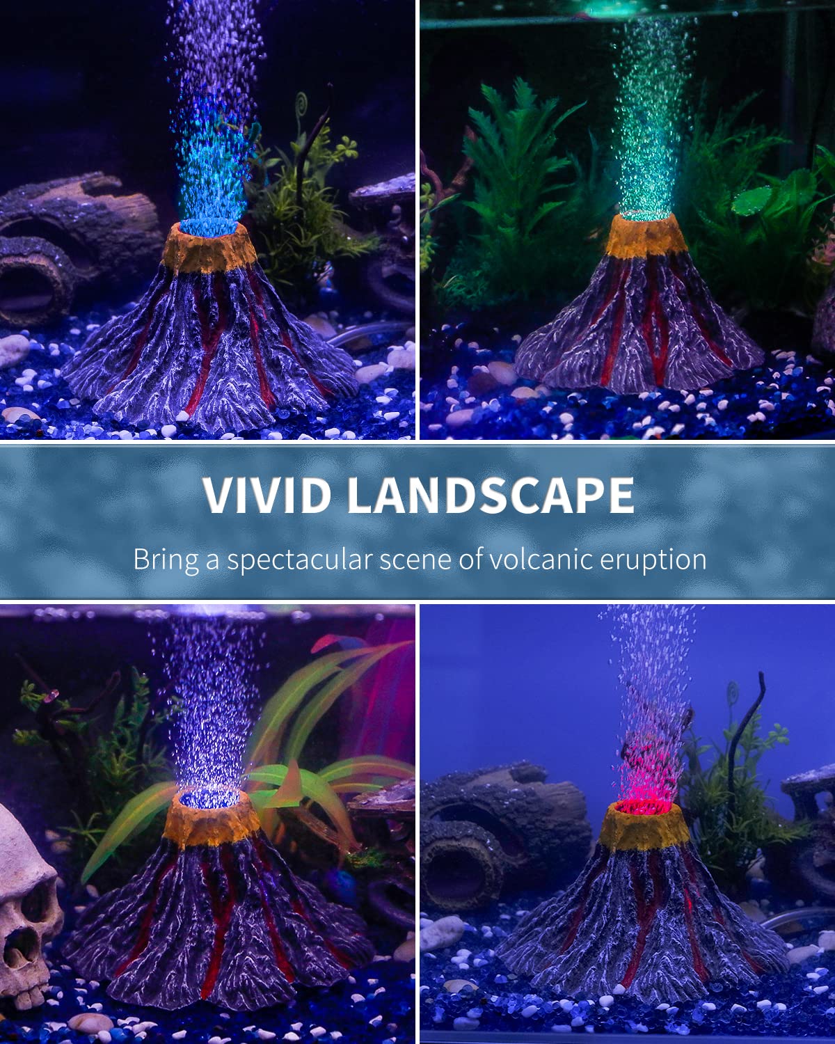 Uniclife Aquarium Volcano Ornament Kit Realistic Resin Volcanic Decoration With Air Stone Bubbler Colorful Led Light Decor For Fish Tank Landscape Addition And Oxygenation