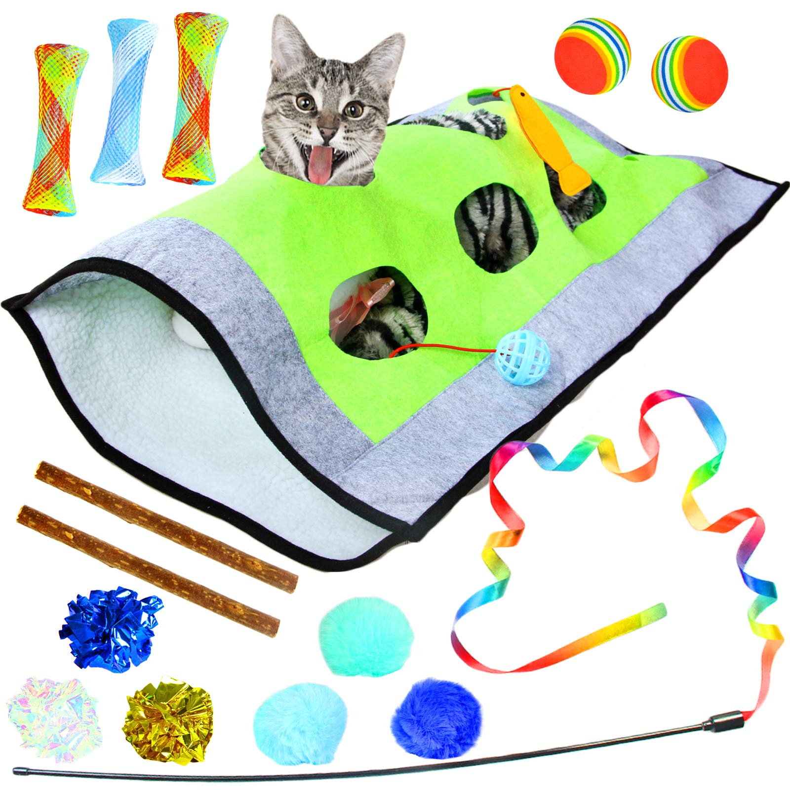 Youngever 15 Kitten Toys Assortment, Cat Play Mat, Cat Teaser Wand, Crinkle Balls For Kitten & Puppy