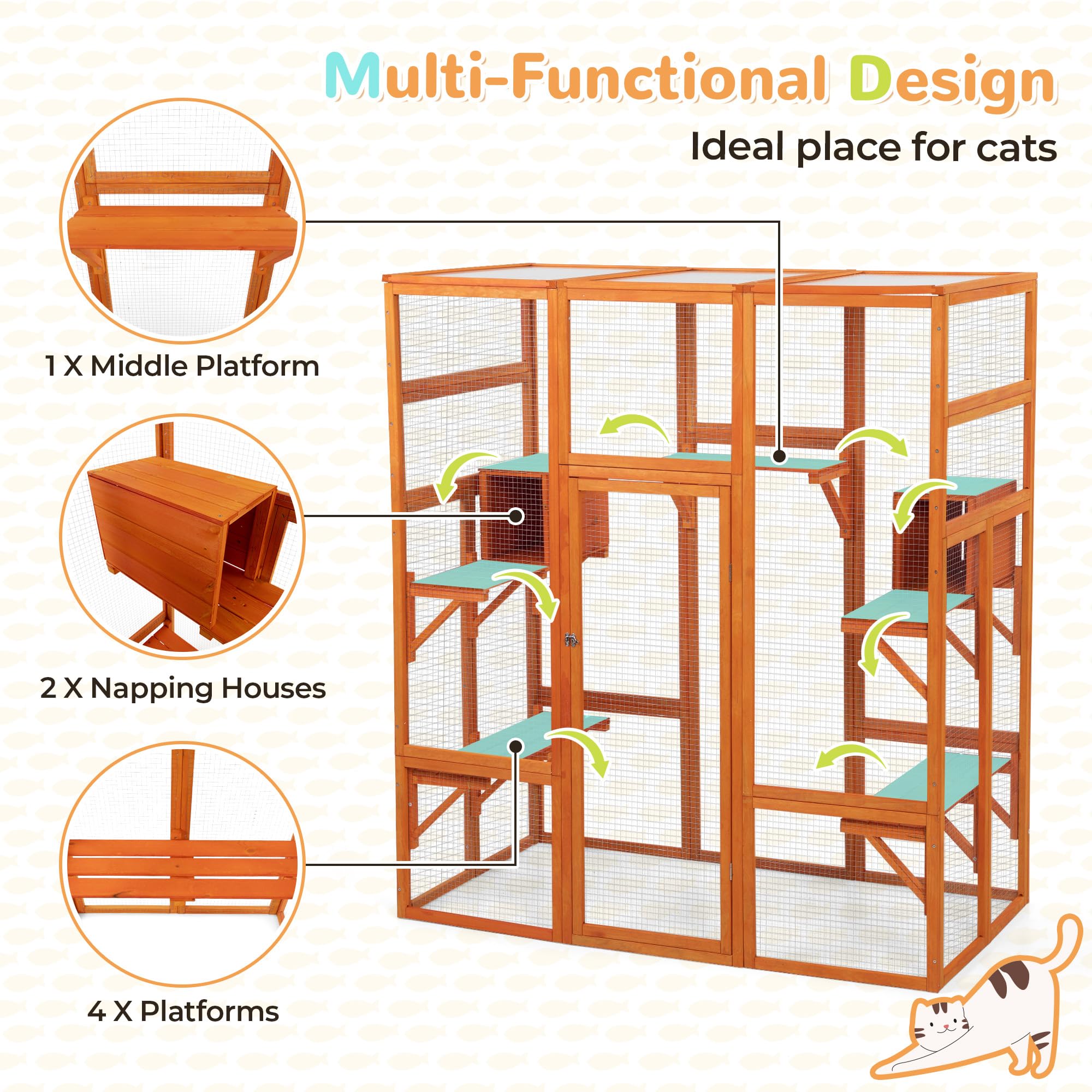Large Wooden Catio Outdoor Cat Enclosure - Cat Play & Run Enclosures Indoor Kitty Window Catio With Waterproof Roof, 7 Platforms