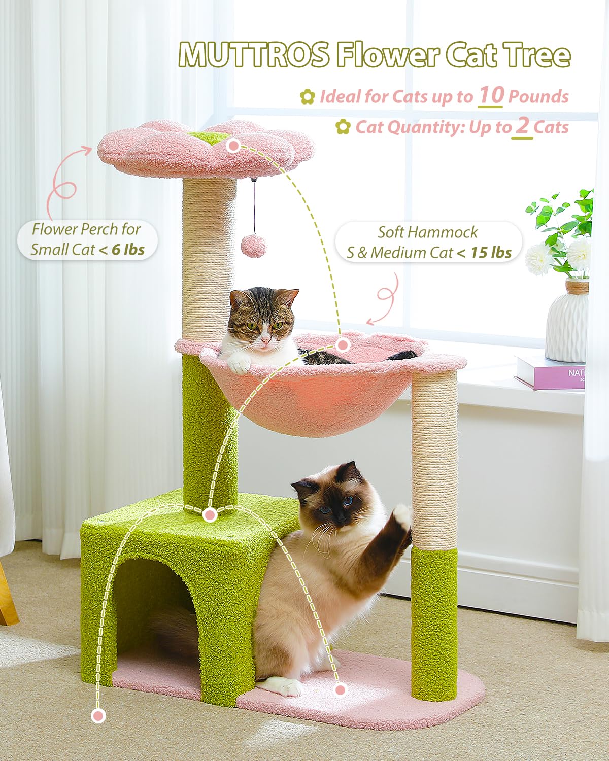 Muttros Flower Cat Tree With Large Metal Frame Hammock, 35'' Cute Cat Tower With Sisal Scratching Posts For Small Indoor Cats, C