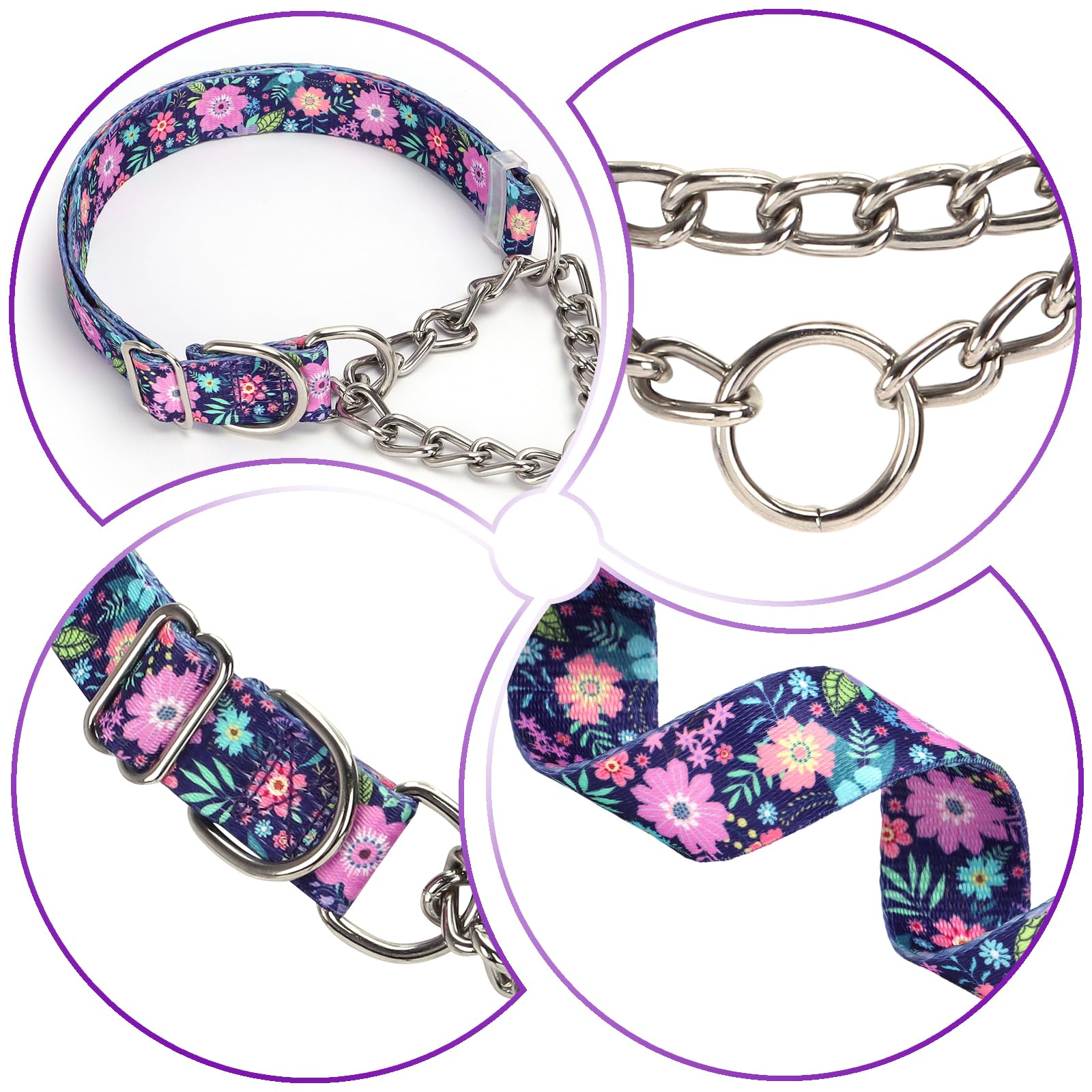 Martingale Dog Collar With Chain, No Pull Slip Cinch Choker Choke Collar Bohemia Flowers Duty Dog Collar For Medium Large Extra