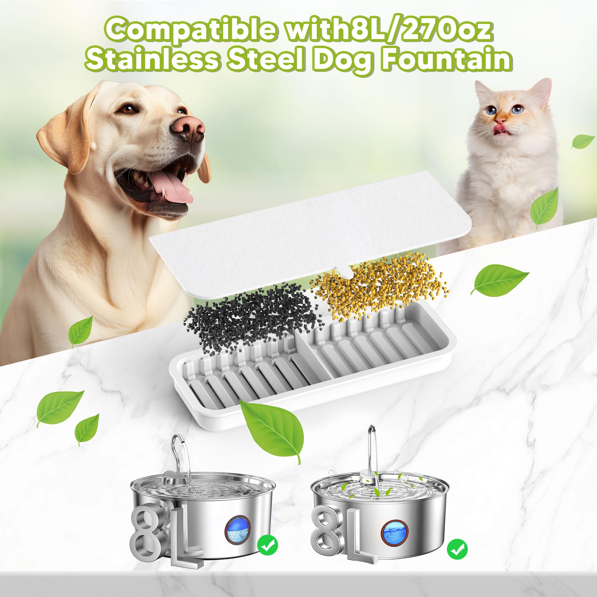 Pet Water Fountain Filters For 8L/270Oz Stainless Steel Dog Water Fountain, 10 Packs Filters & 2 Sponges Set, Multi-Filtration S