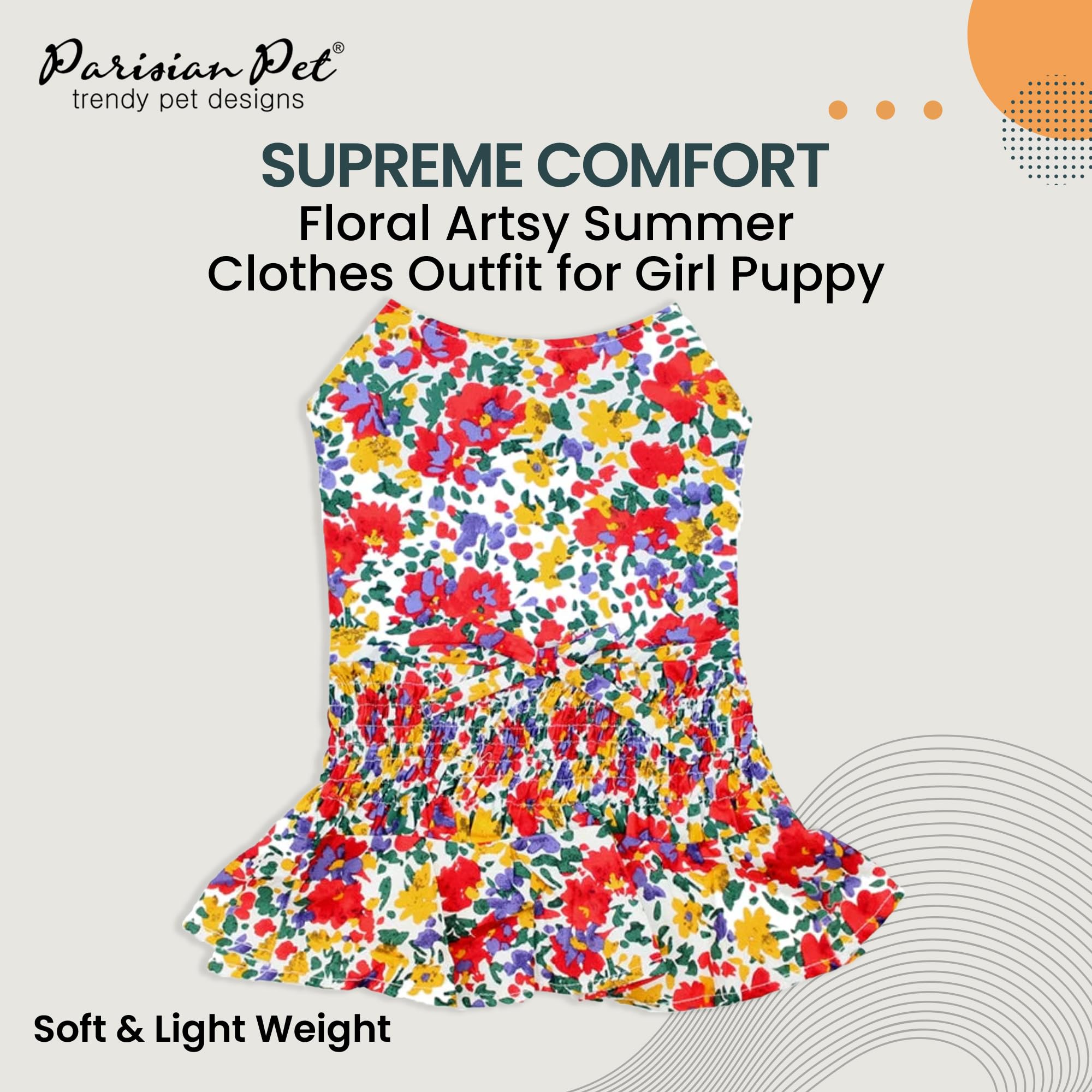 Parisian Pet Floral Printed Dog Summer Dress - 100% Cotton Breathable Ruched Waist - Medium Dog Girl Dress