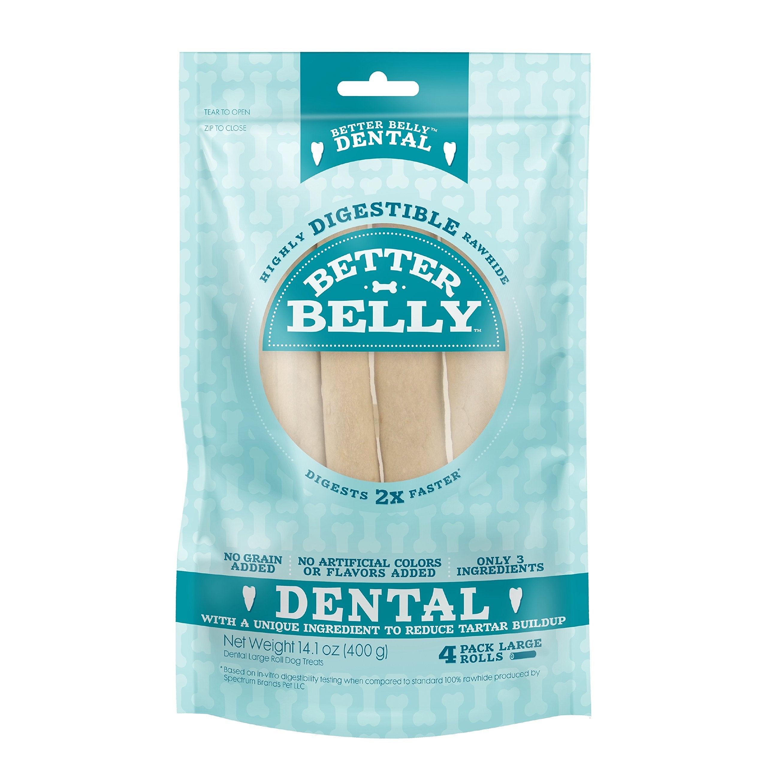 Better Belly Highly Digestible Rawhide Dental Chews, Treat Your Dog to a Chew with NO Artificial Colors or Flavors 4 Count (Pack