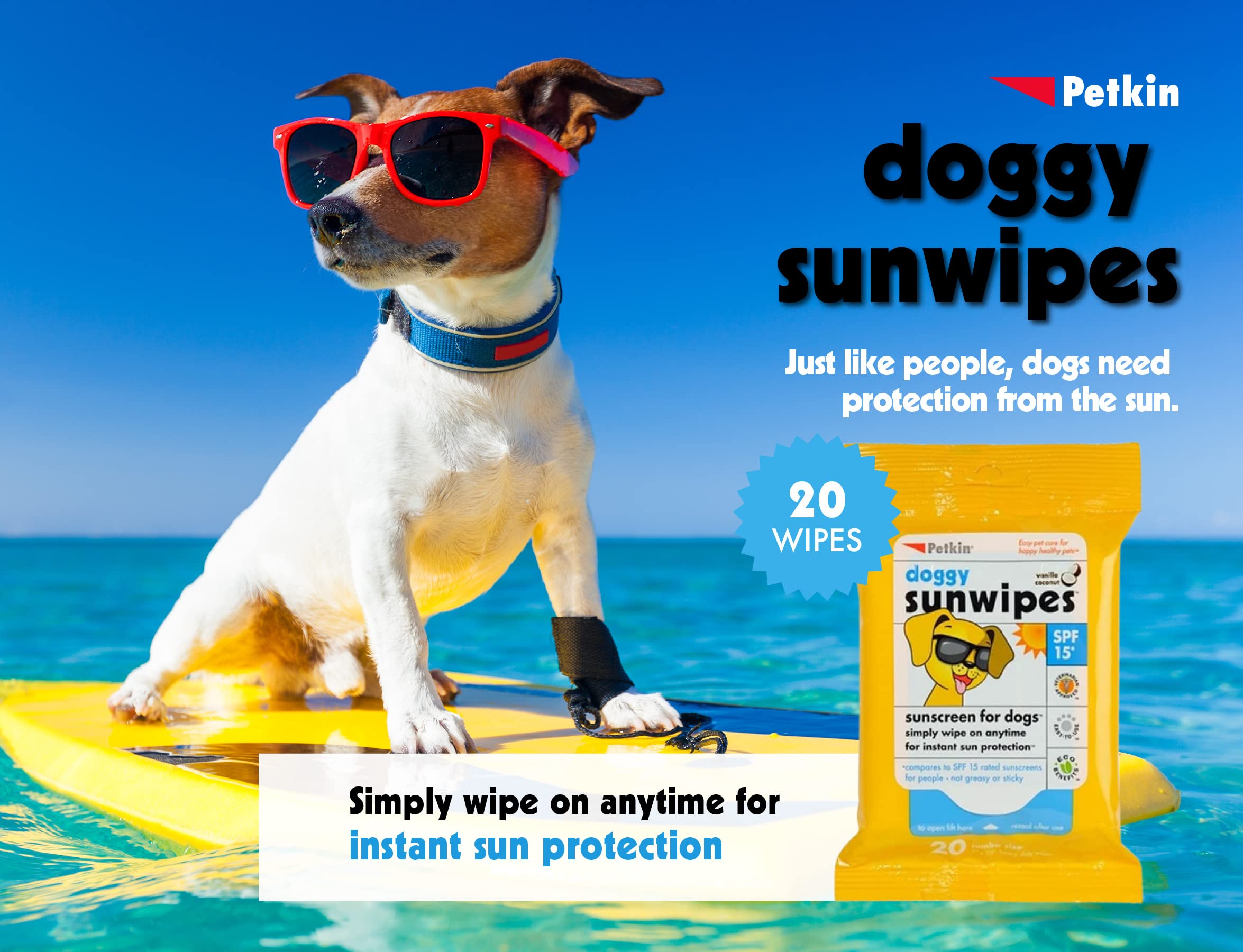 Petkin Dog Sunscreen Sunwipes - Sunscreen For Dogs, Spf 15 - Simply Wipe On Anytime For Instant Sun Protection - Includes 20 Jumbo Size Wipes, Vanilla Coconut Scent - Ideal For Home Or Travel
