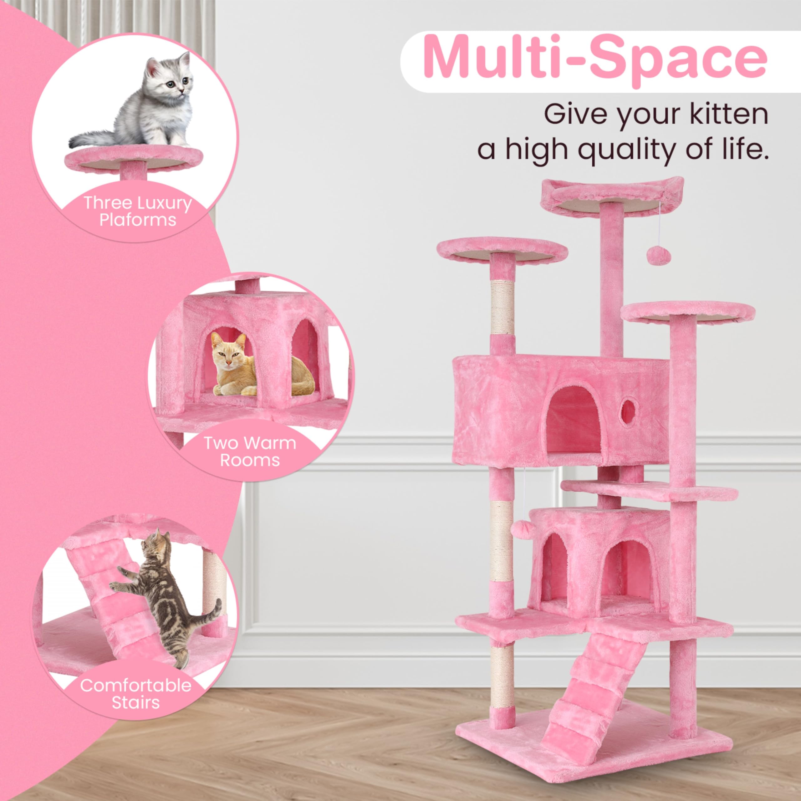 24/7 Shop At Home Court 54 Inch Multi-Level Cute Cat Tree Tower With Dangling Ball And Scratching Posts For Indoor Cats Adults,