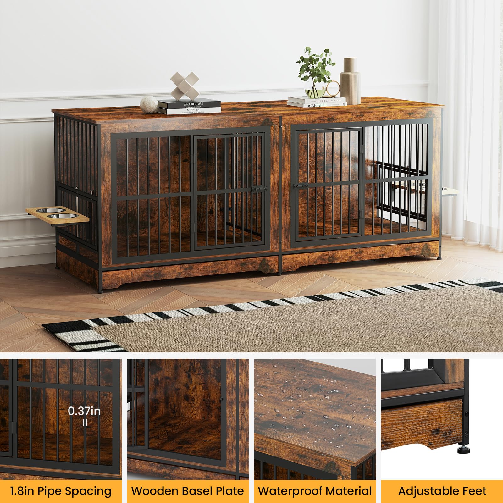 Yafylly 78 Dog Crate Furniture with 4 Dog Bowls, Extra Large Double Dog Kennel with 360 Rotating and Adjustable Height Bowl Ho