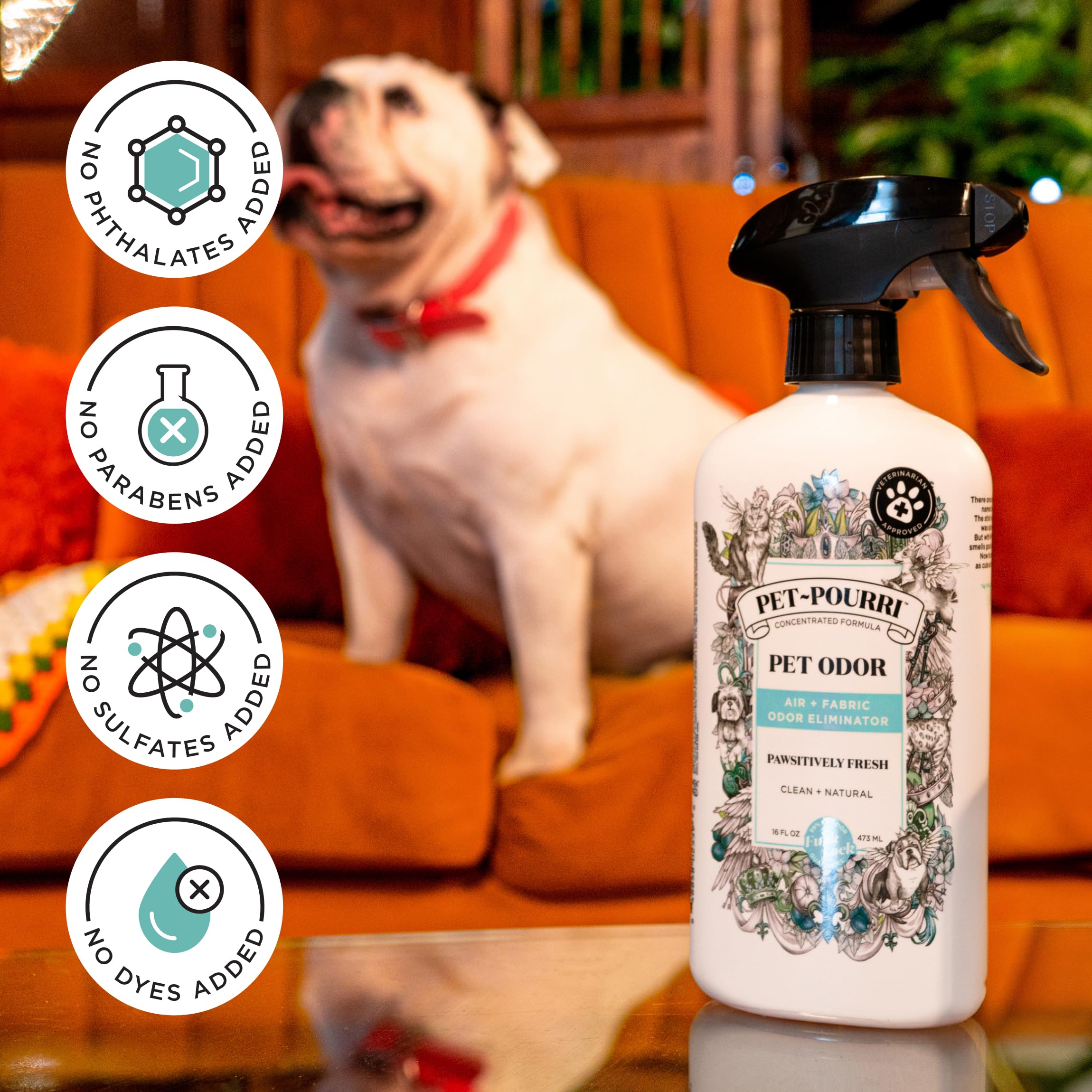 Pet-Pourri Pet Odor Air + Fabric Odor Eliminator Spray, Pawsitively Fresh, 16 Fl Oz