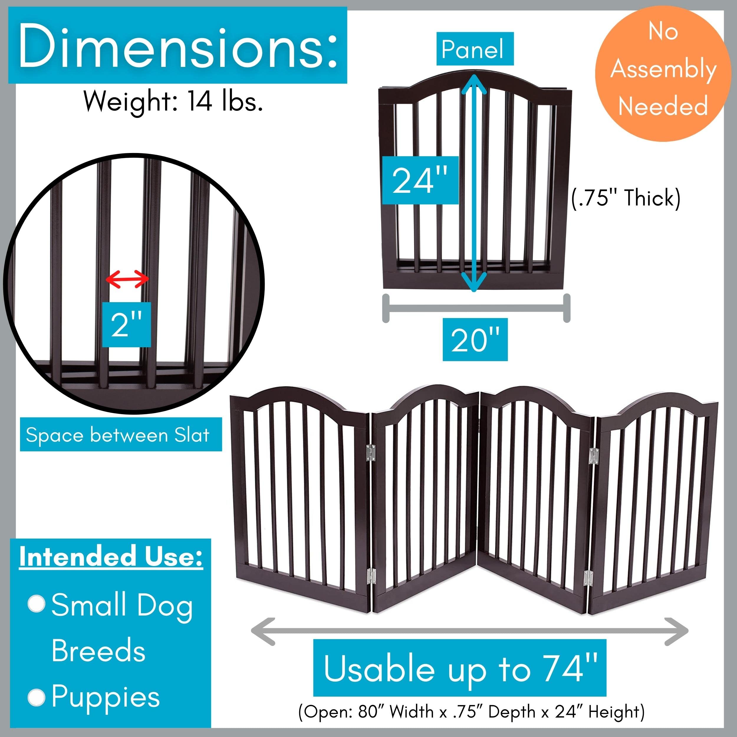 Internet'S Best Arched Top Dog Gate | 4 Panel, 24' H Wooden Pet Barrier For Dogs Or Cats | Freestanding Folding Room Divider For Doorways, Hallways, Stairs, And Porch | Portable, Extra Wide | Espresso