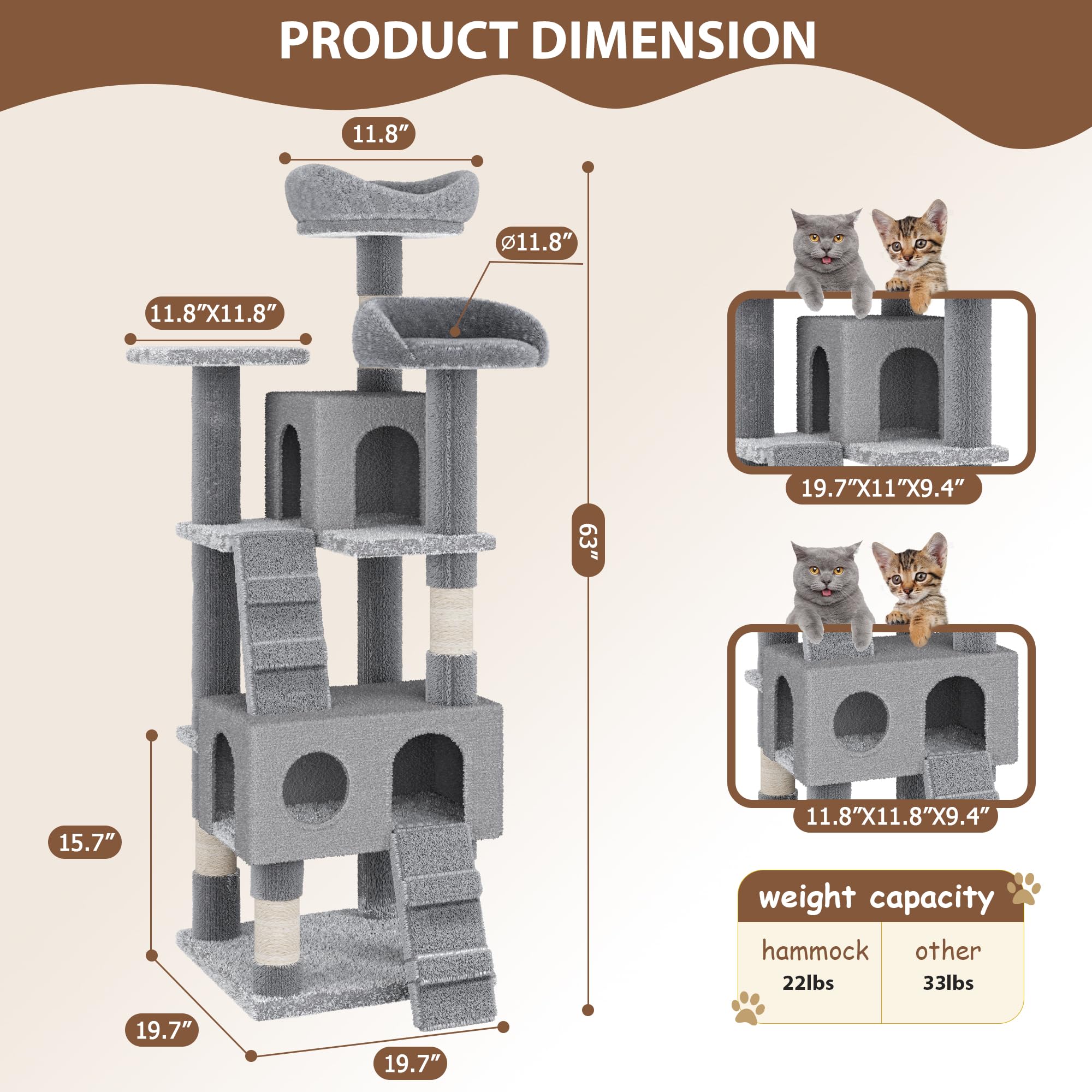 Cat Tree, Tall Cat Tower Condo For Indoor Large Cats, Cat House Furniture With Padded Plush Perch Sisal Scratching Posts (Grey,
