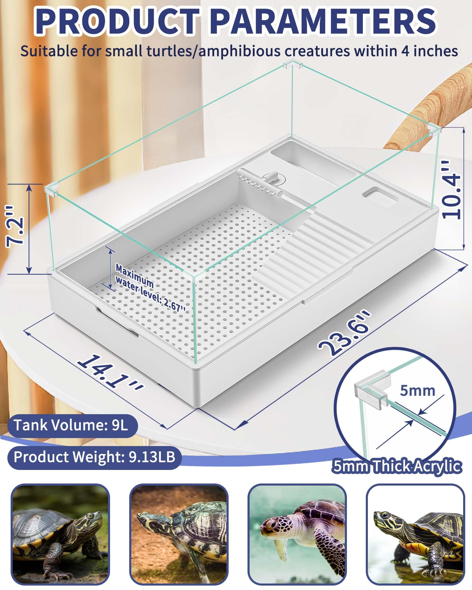 Moonorange Large Turtle Tank (Tank + Water Pump), Acrylic Turtle Tank Starter Kit With Upgrade Rain Shower Head, Adjustable 5W W