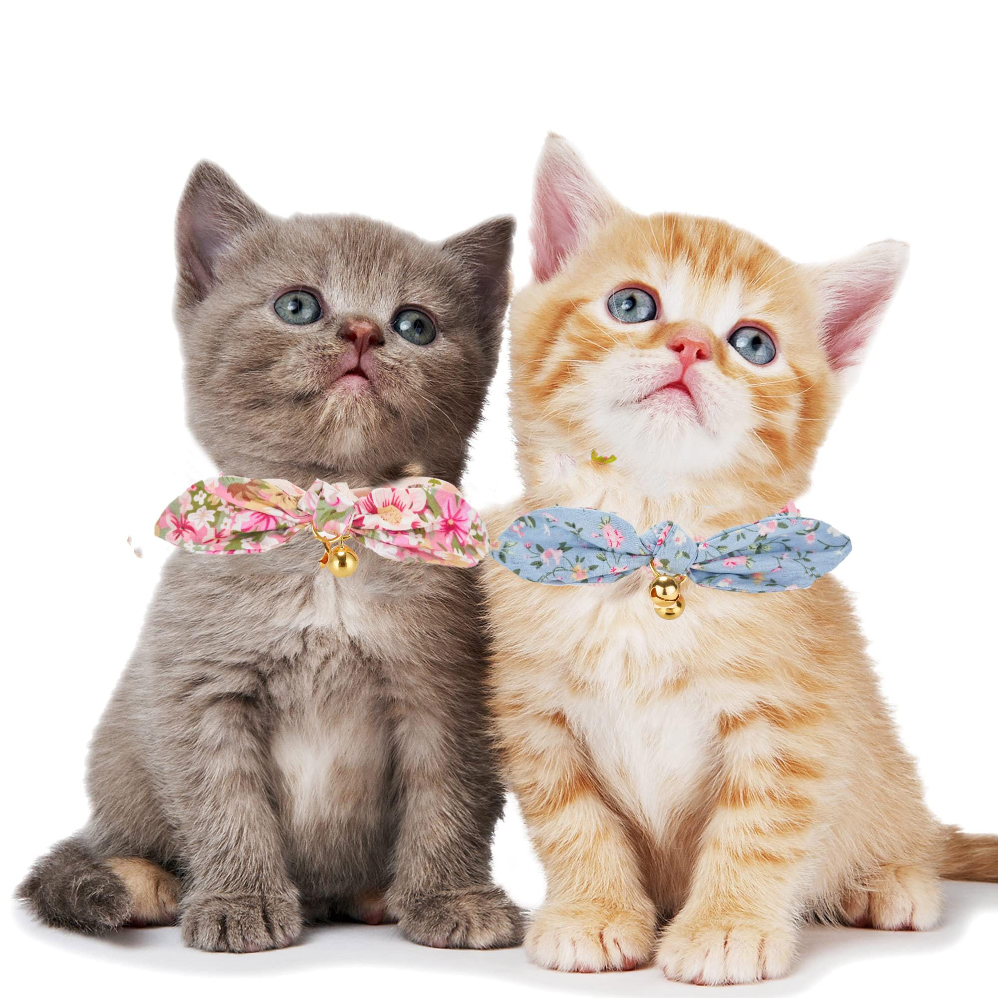 Yudote Cotton Bowtie Cat Collar With Bell 2 Pack Stylish Floral Breakaway Kitten Collars With Removeable Knot Bow,Blue & Pink