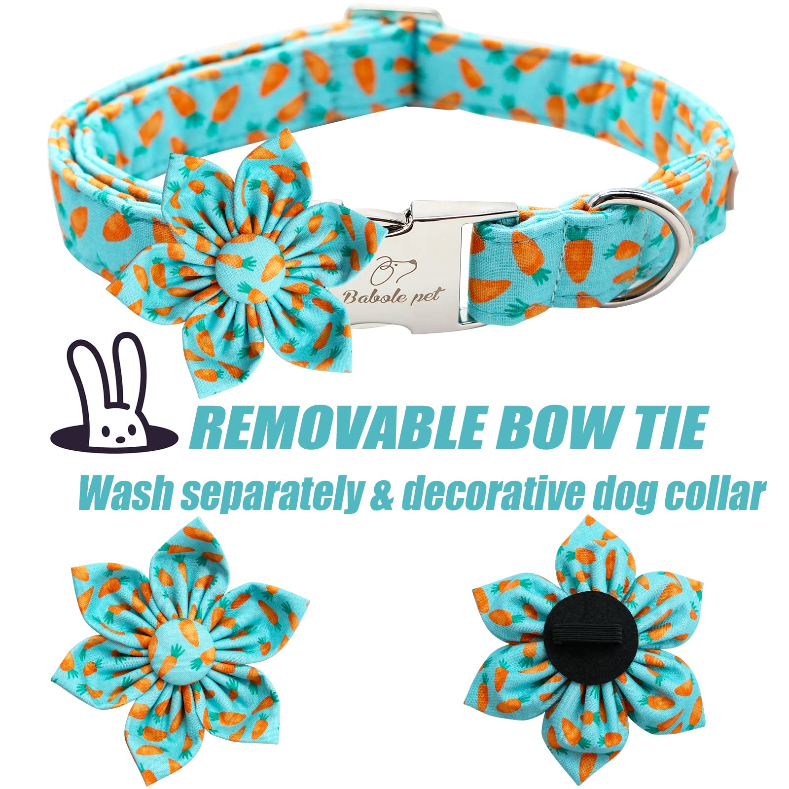 Babole Pet Dog Collar Easter Gift With Flower Tie,Carrot Male Dog Collar With Safety Metal Buckle Adjustable Puppy Collars For Small Medium Large Boy & Girl Dog,L-Neck 16'-24'