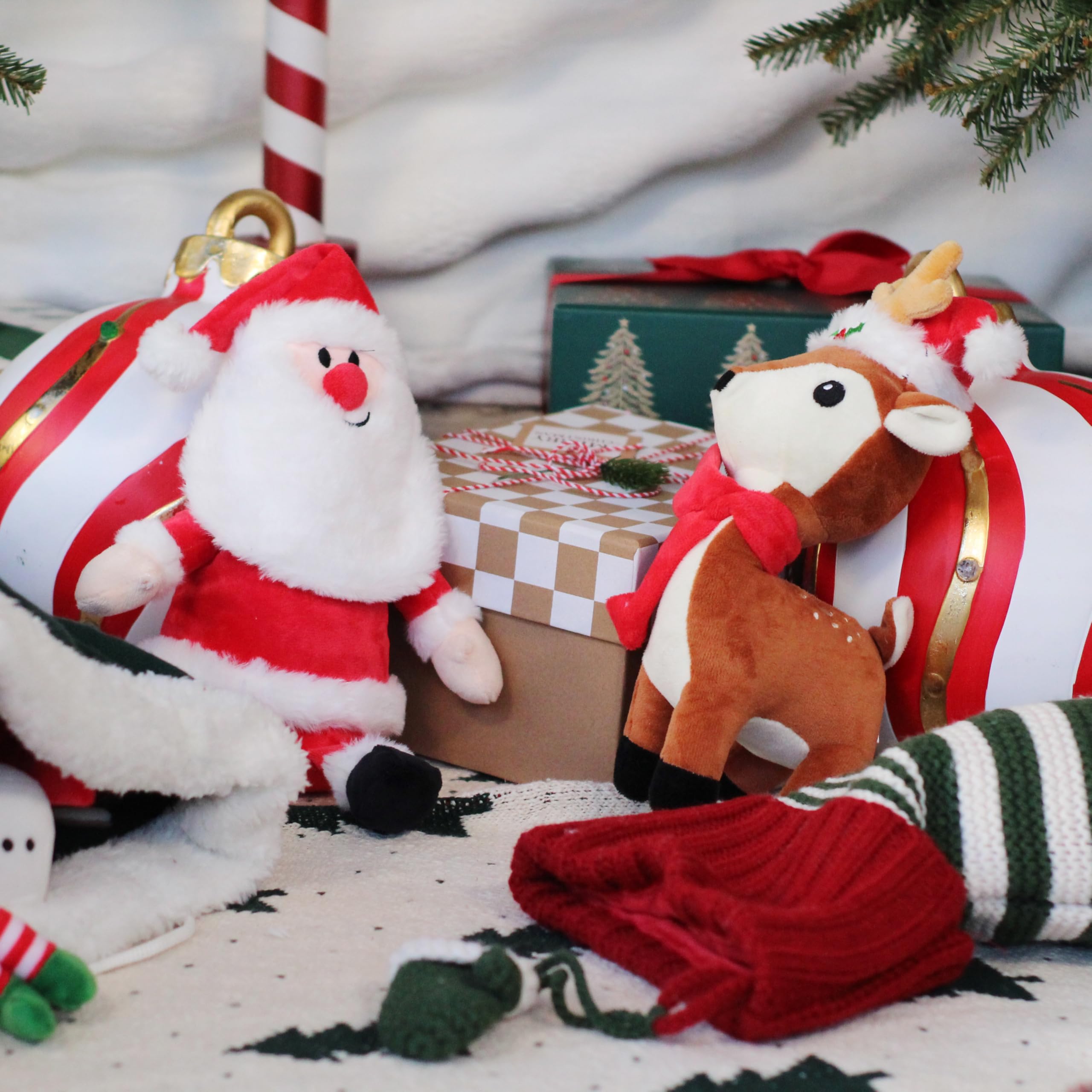 Giftable World Holiday Plush Pet Toy Fun For Christmas Designs With Squeaker Dog Chew Toy (10'' Reindeer W/Hat & Squeaker)