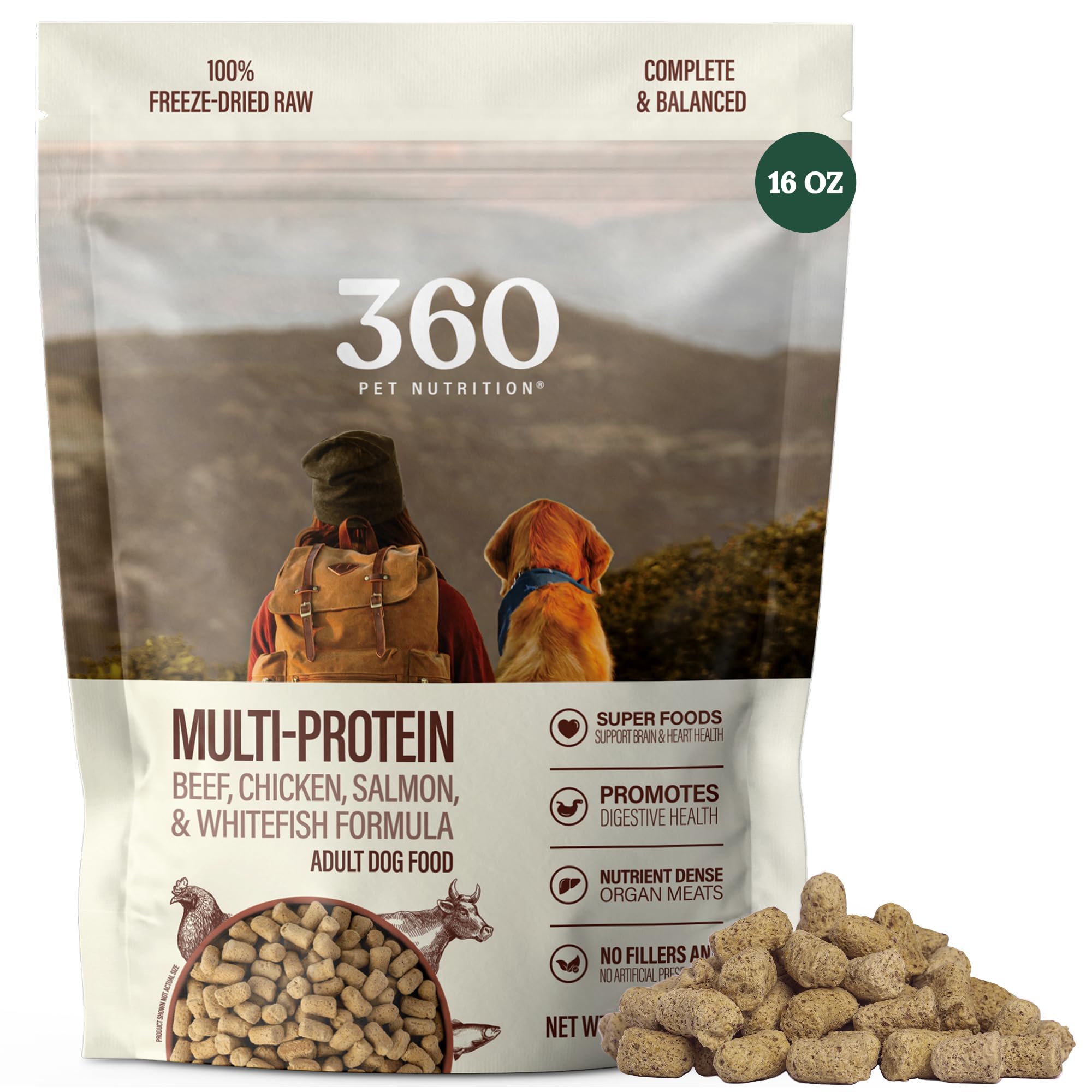 360 Pet Nutrition Freeze-Dried Raw Dog Food, High-Protein Complete Meal w/Beef, Chicken, Fish, Organs, Superfoods, No Fillers, 1