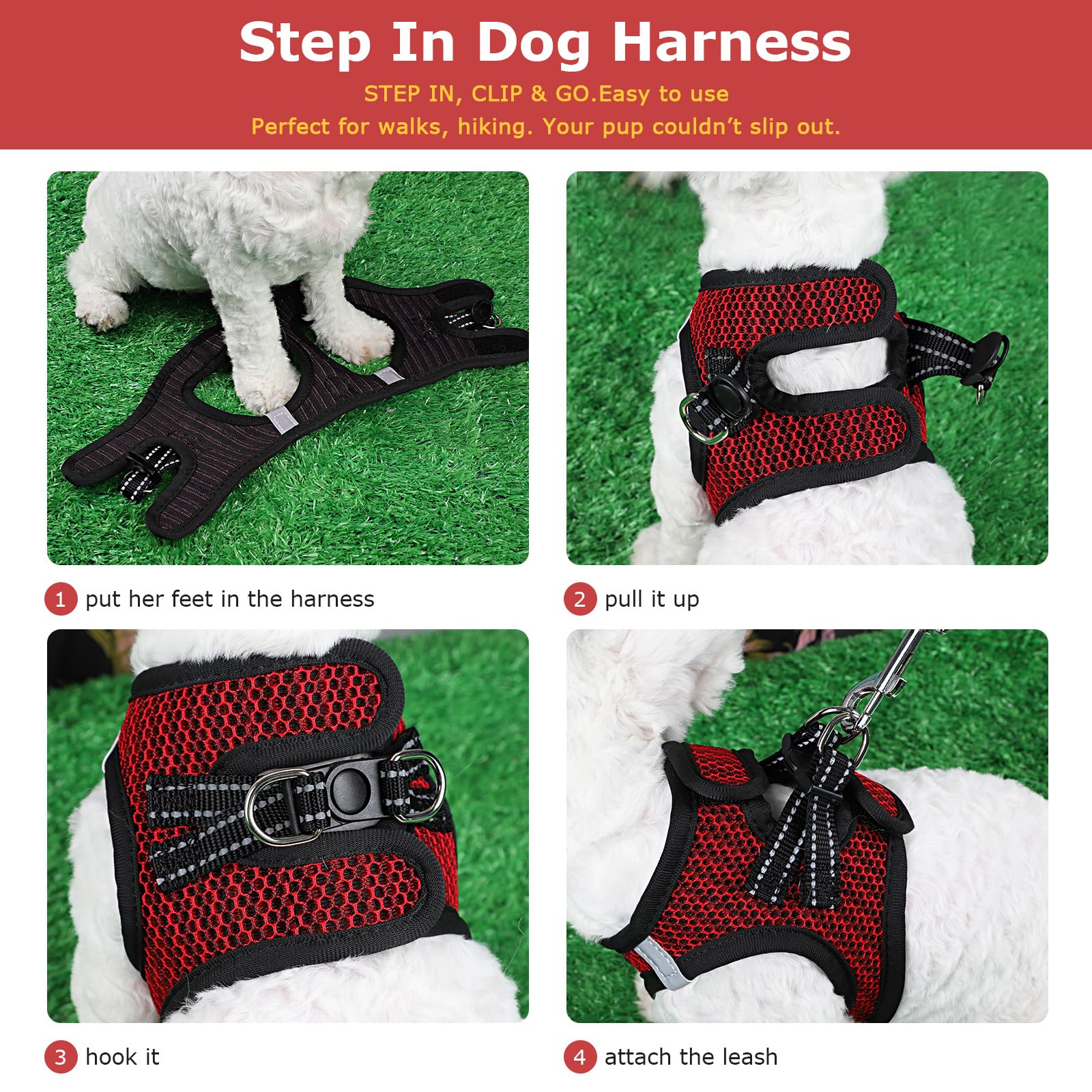 No Pull Small Dog Harness For Under 22 Lbs Dogs, Step In Air Mesh Puppy Reflective Lightweight Dogs Cats Vest (Red, Large