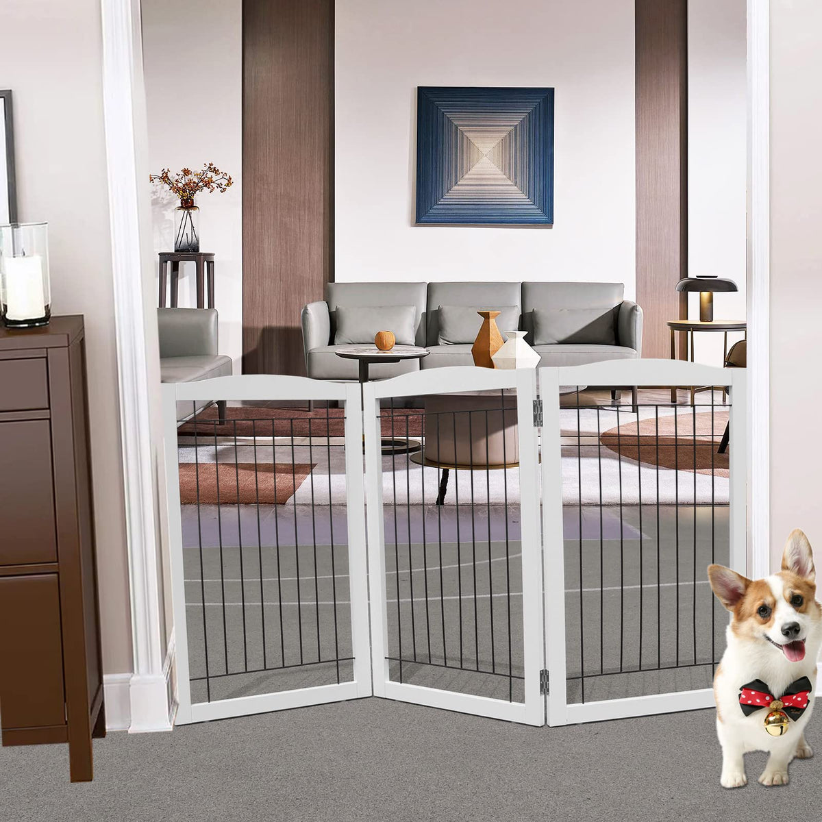Zjsf Freestanding Foldable Dog Gate For House Extra Wide Wooden White Indoor Puppy Gate Stairs Dog Gates Doorways