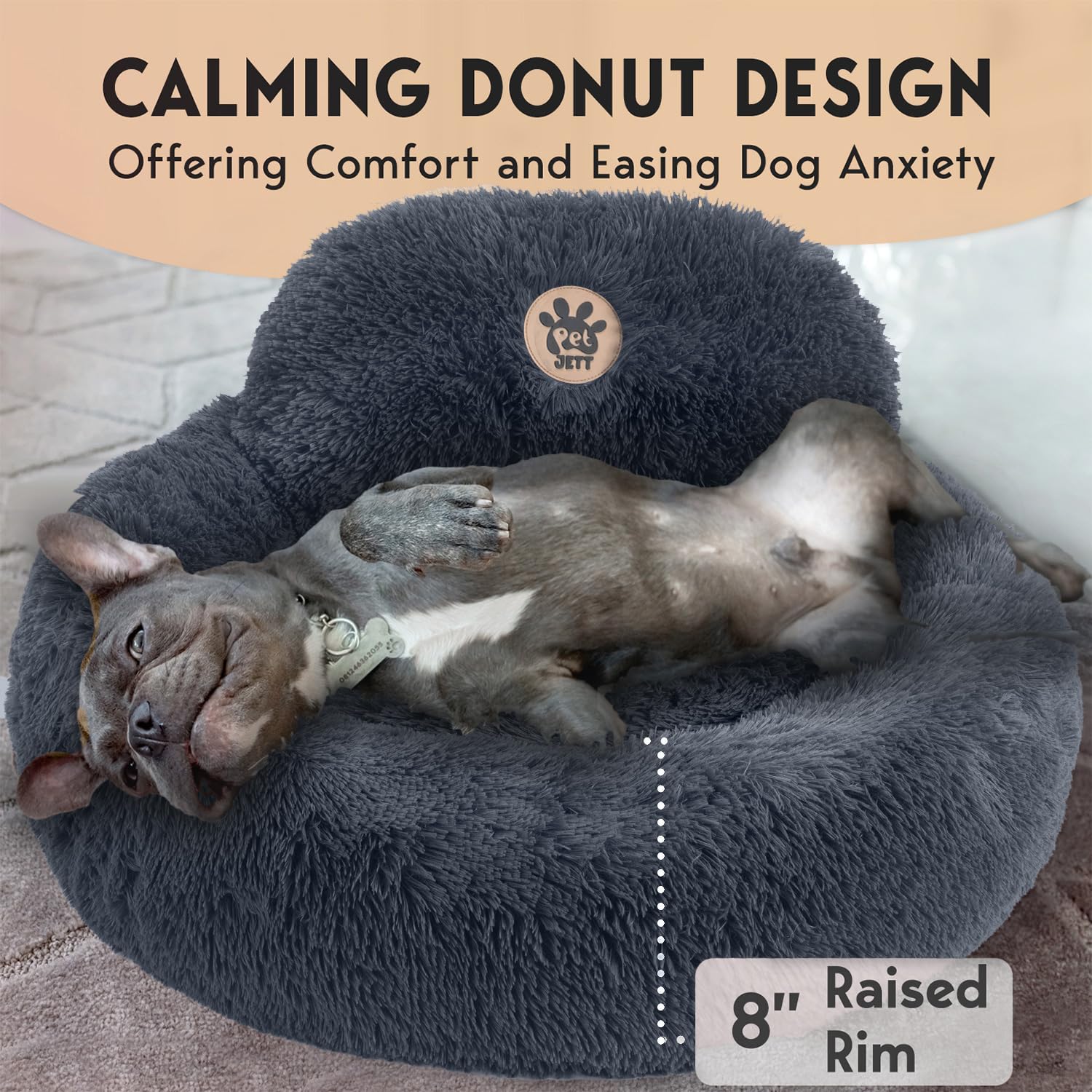 PetJett Calming Small Dog Bed - 23 Round Dog Beds, Anti-Slip & Washable Puppy Bed - Super Soft Fluffy Plush Faux Fur Pet Bed,