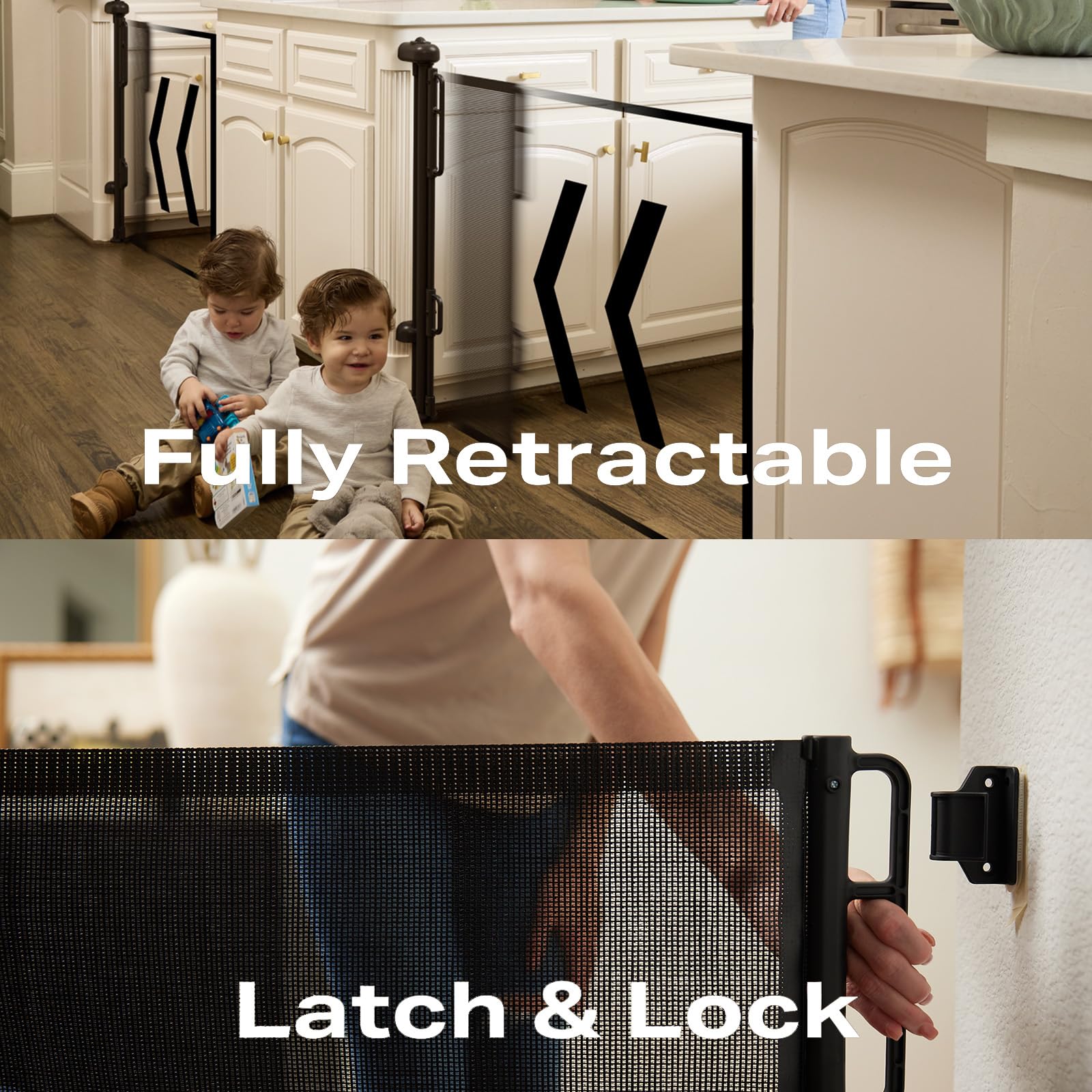 Cumbor Retractable Baby Gates For Stairs, Mom Choice Award Winner-55 Wide Mesh Dog Gate For Doorways, 34' Tall Easy To Use Pet Fence For The House, Toddler Safety Essentials Indoor&Outdoor, Black