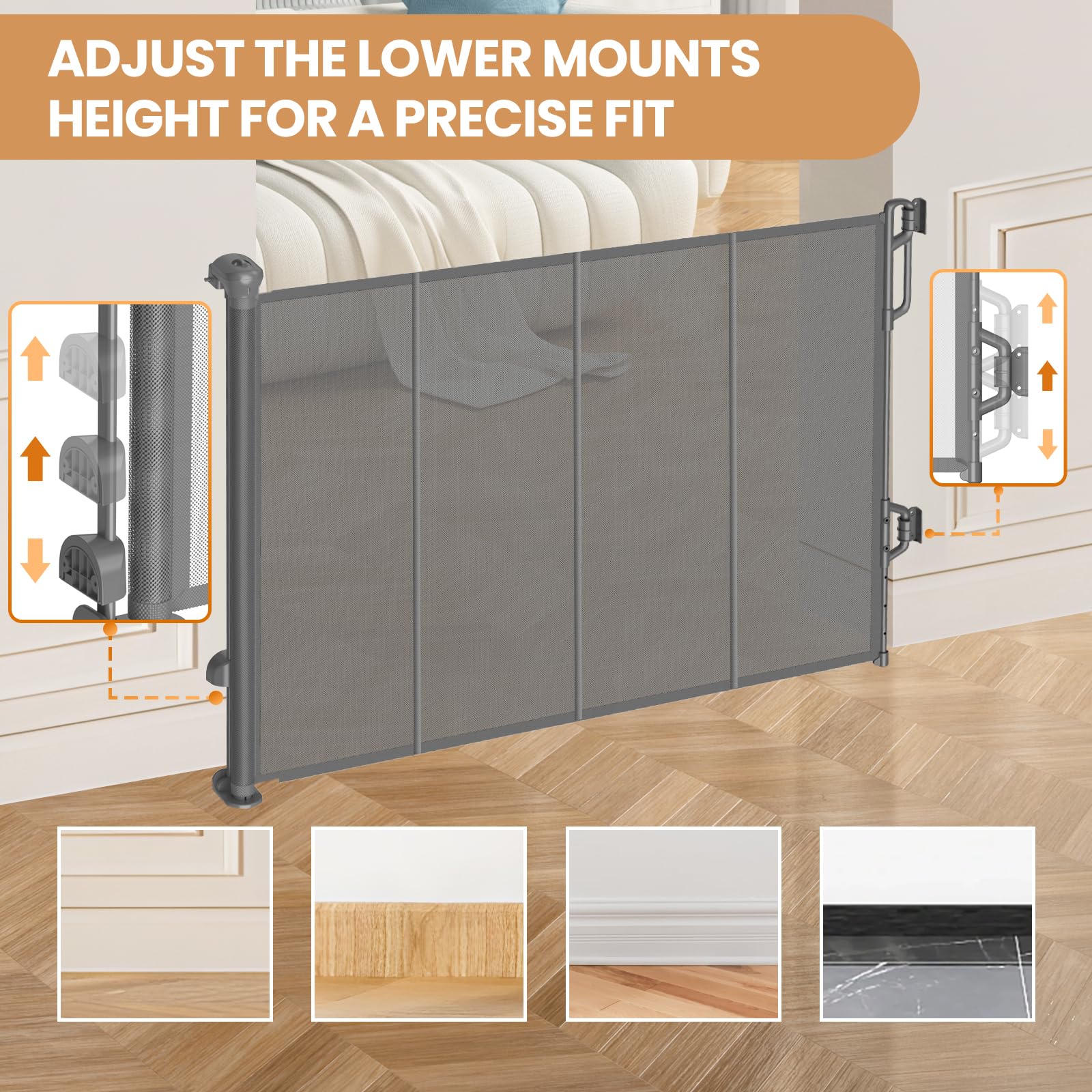 SPACEANY Baby Gate - Reinforced Retractable Safety Gate for Doorways & Stairs, 33.5" Tall, 55" Wide, Gray, Model BG01