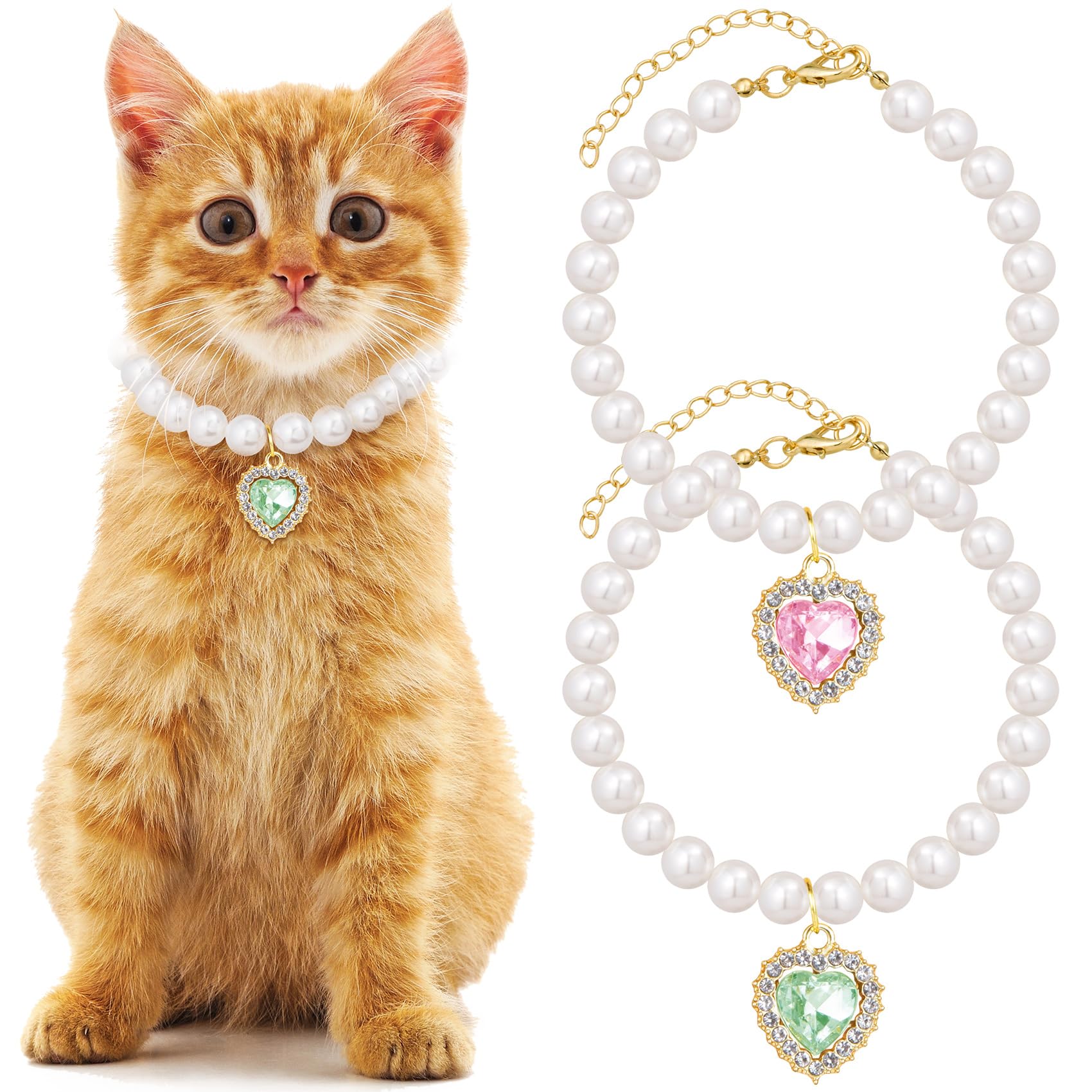 Mxxipp 2Pcs Pearl Collar For Cat Puppy, Small Cute Heart Shape Rhinestone Pet Necklace, Adjustable Wedding Party Pet Jewelry Acc