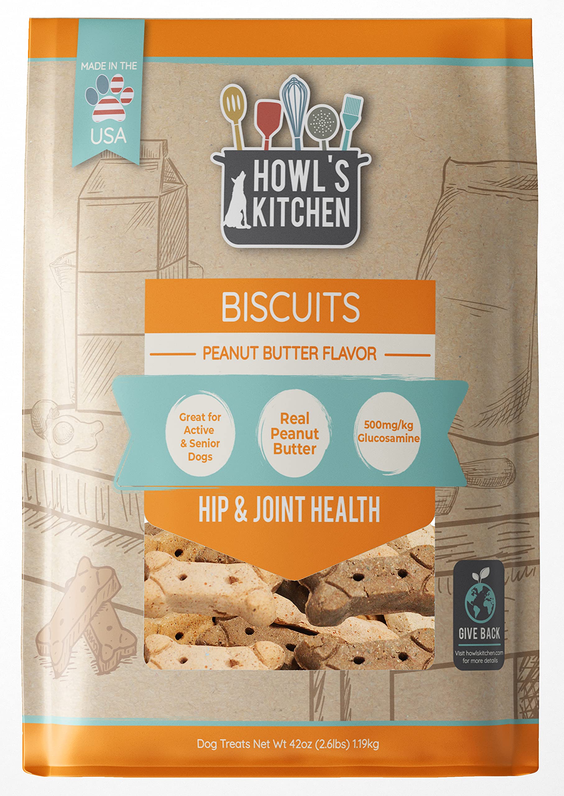 Howls Kitchen Biscuits, 12 oz Bag, 1 Count, Peanut Butter Flavor, Hip and Joint Formula, Rawhide Free, Soft and Chewy Dog Treat