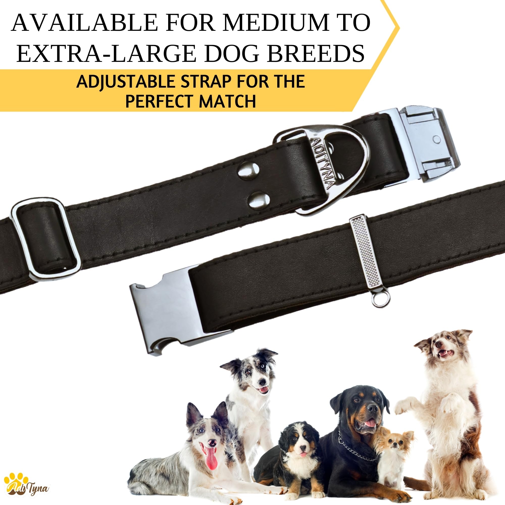 ADITYNA Leather Dog Collar with Metal Buckle - Heavy-Duty, Adjustable for Medium & Large Dogs - Walking, Training, Tactical (Bla