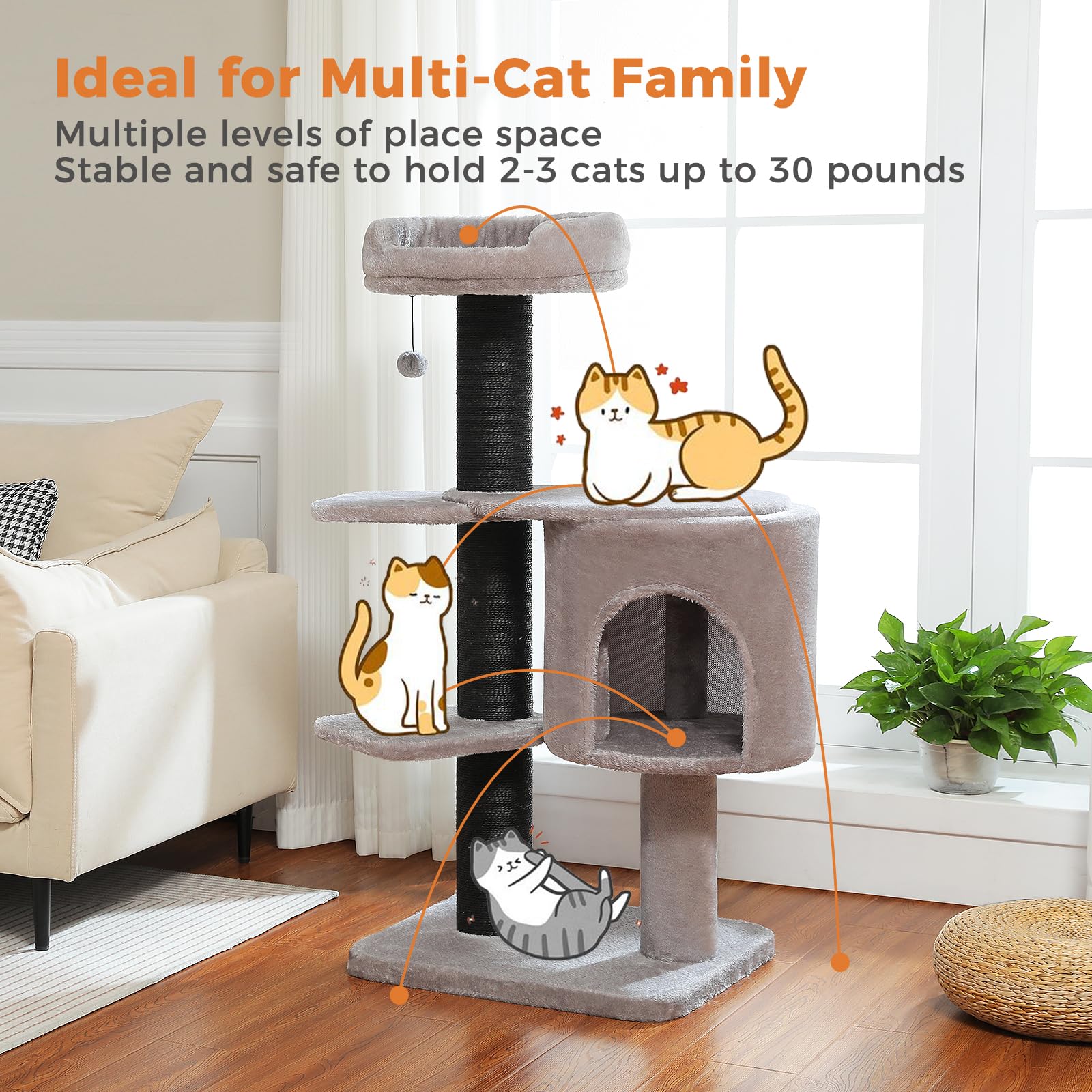 Uymi 50-Inch Heavy-Duty Cat Tree For Large Adult Cats, Large Cat Tree With Thick Scratching Posts (F4.3), Spacious Condo, Sturdy