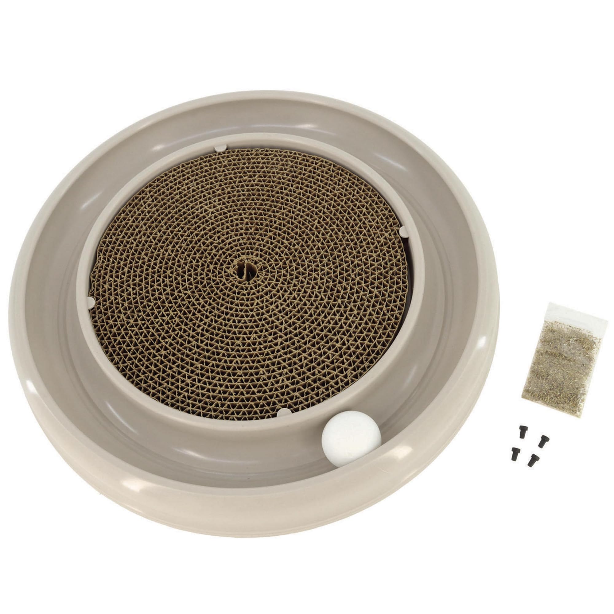 Turbo: Scratcher Eco  Grey  Cat Toy & Catnip Pack, 15.5 Round Racetrack, Spinning Ball, NonSkid Bottom, Pet Enrichment, Play