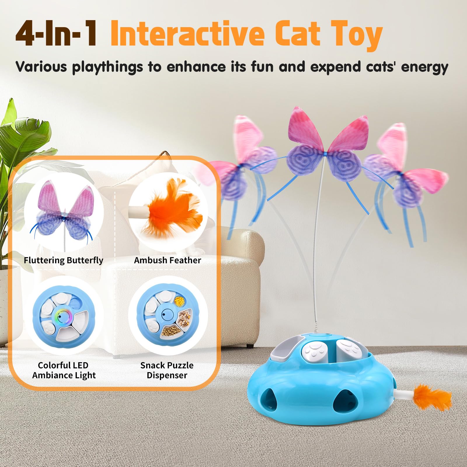 Crazydeer Interactive Cat Toys For Indoor Cats, 4In1 Pet Teaser Toy With Ambush Feather Wand, Motorized Fluttering Butterfly And