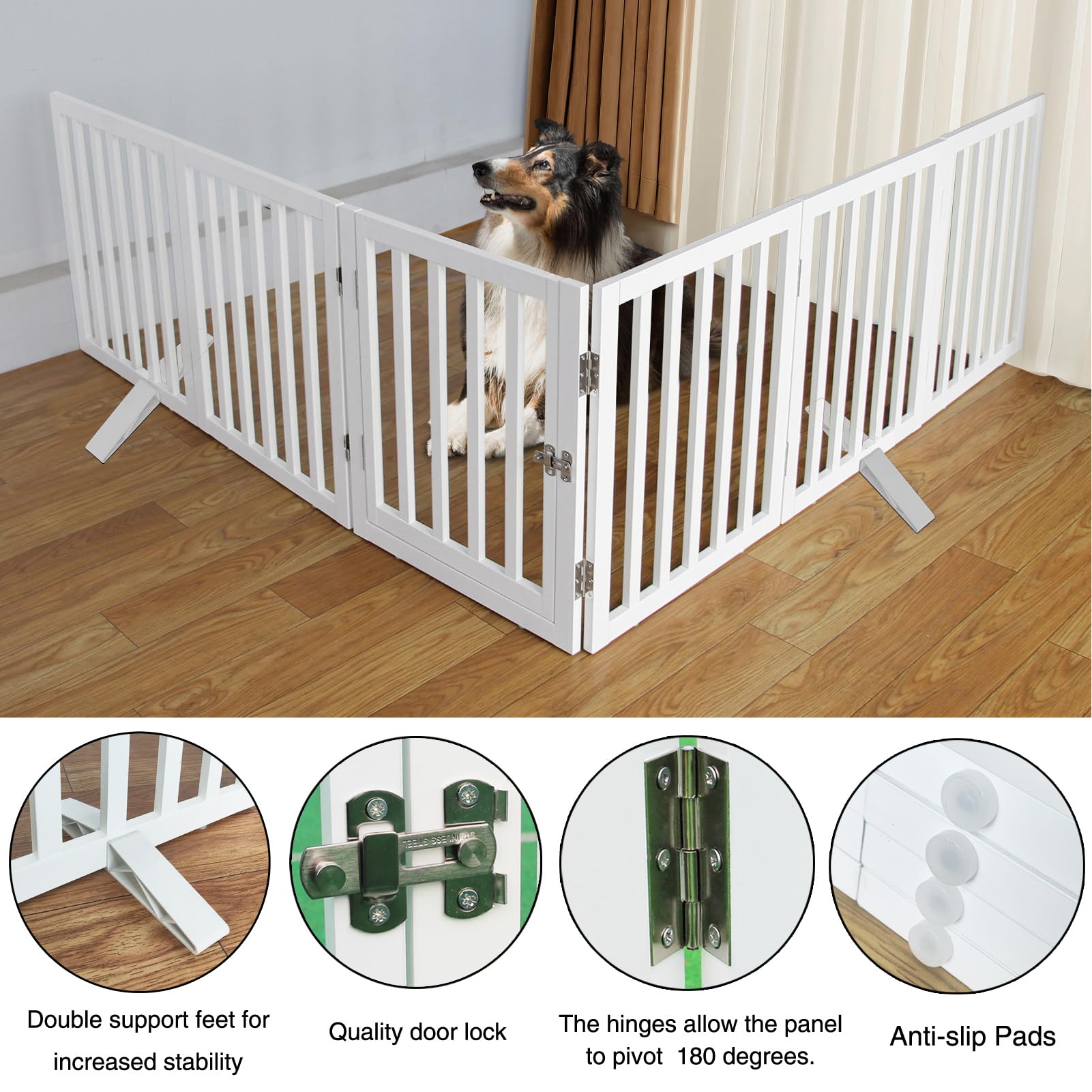 Sfjc Freestanding Foldable Dog Gate Indoor With Door, Wooden White Dog Fence For Doorway, Stairs, House, Or Room, Pet Gate With