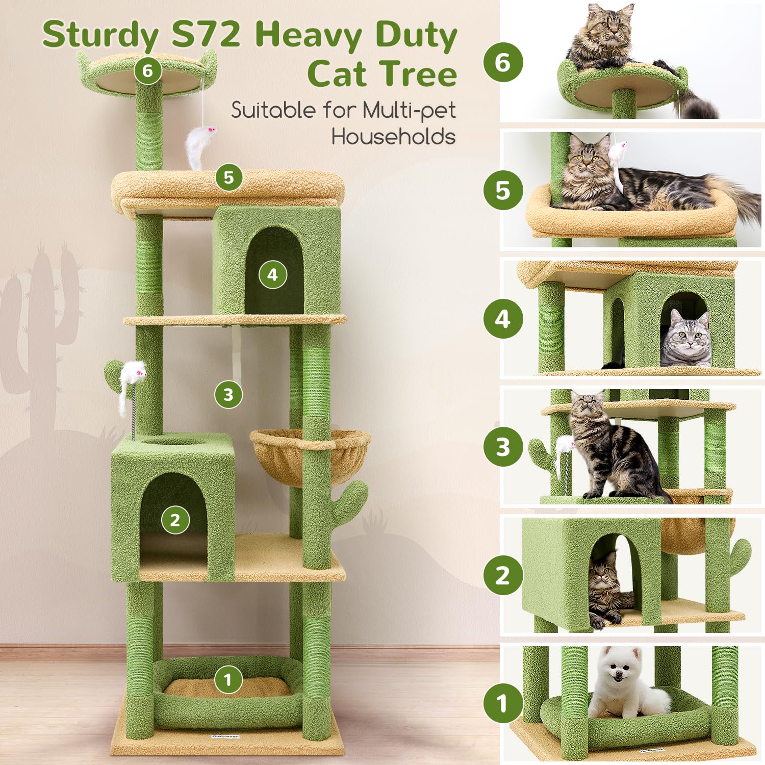 Globlazer S72 Heavy Duty Cactus Cat Tree For Large Cats, Sturdy 72In Maine Coon Cat Tree For Large Cats 20 Lbs+ Cactus Cat Tower